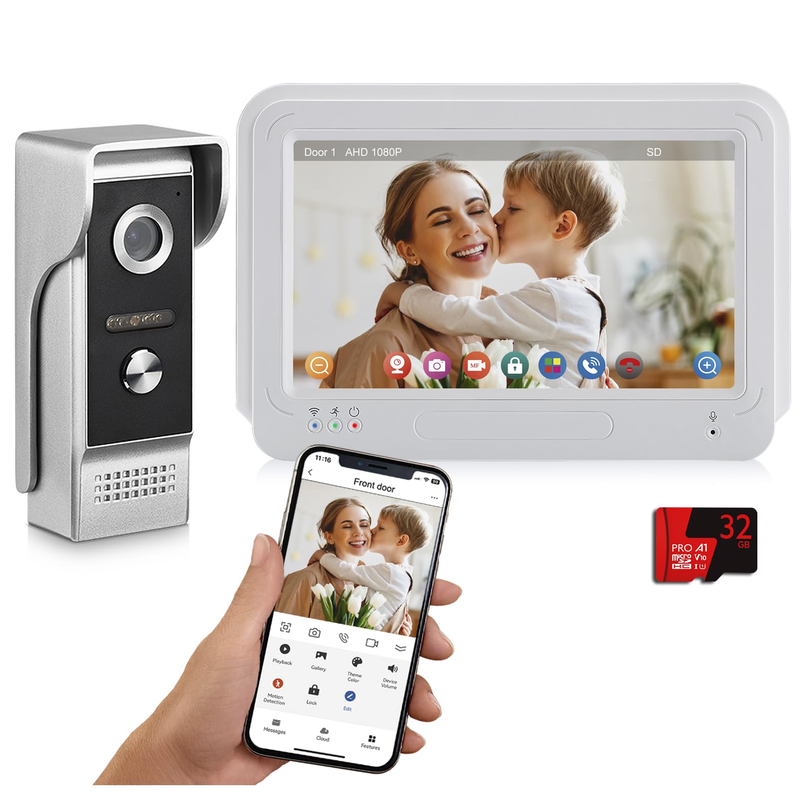 Amocam Wireless Wifi Video Doorbell Intercom System, 1080P Video Door Camera With Monitor, 7 Inch Touch Screen Video Door Phone, No Monthly Fees, Tuya App Remote Intercom (Wired Power)