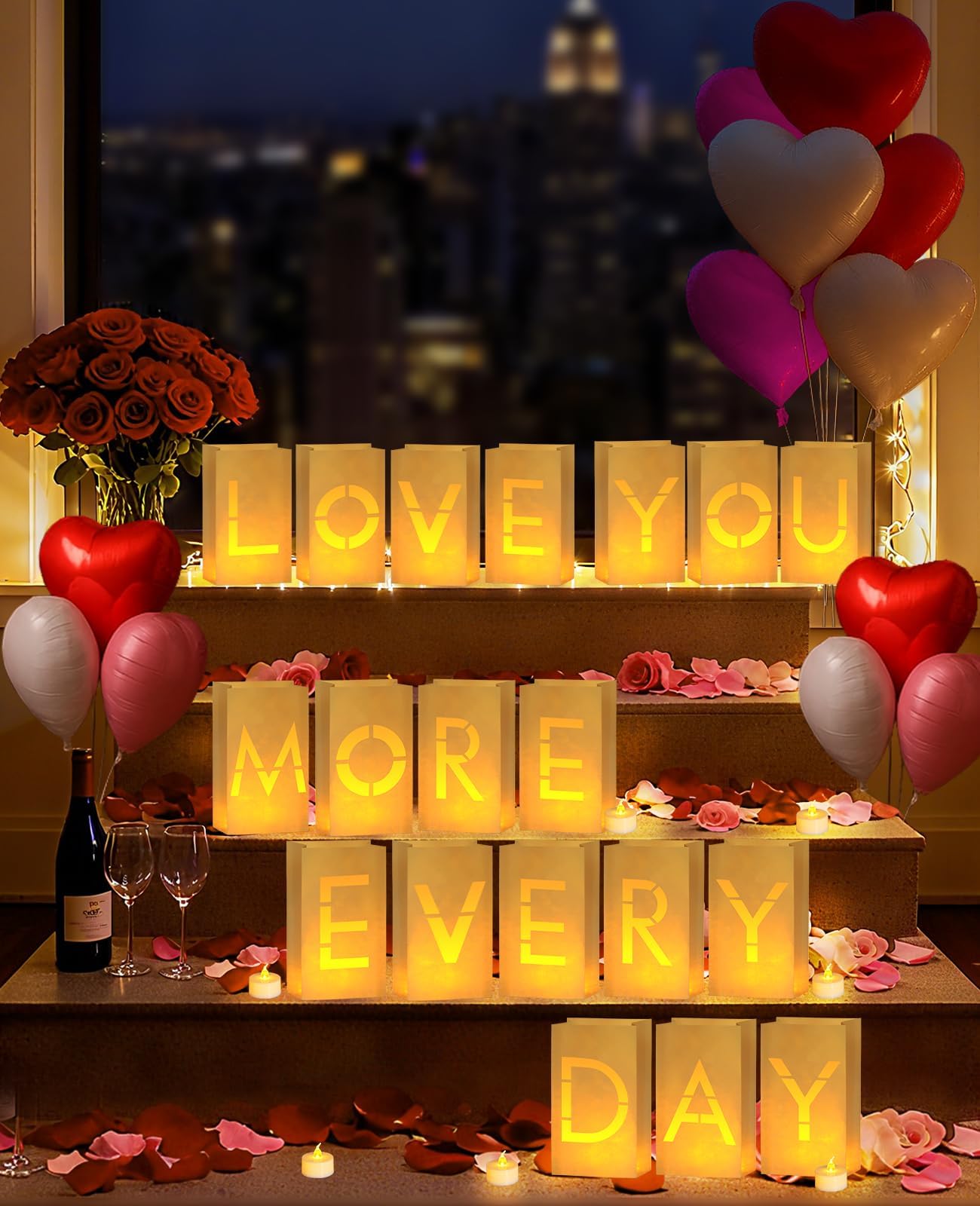 AceList Romantic Anniversary Decorations Set - Love You More Every Day 19 Pcs Luminary Bags with 40 LED Tea Lights, 2000 Rose Pe
