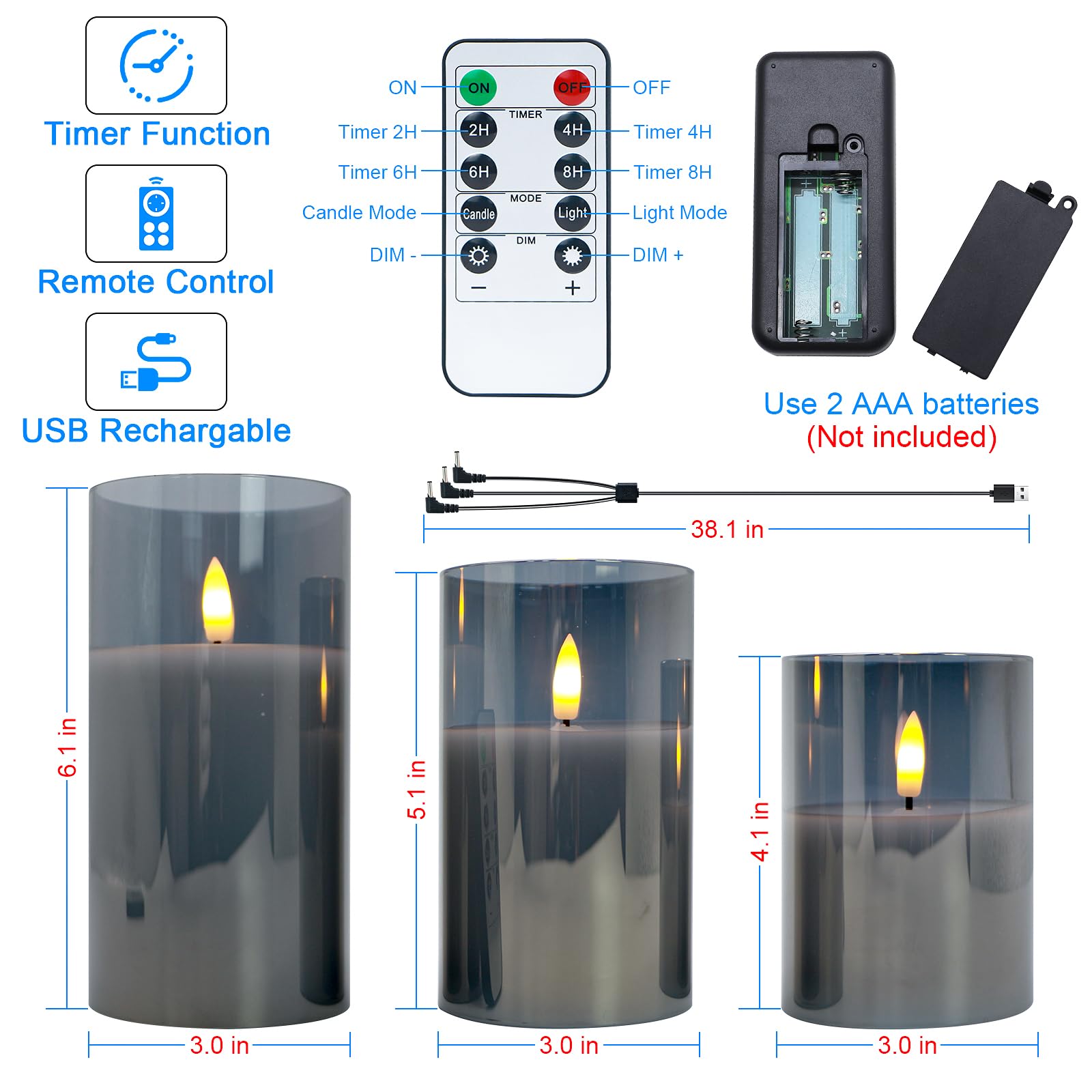 Rechargeable Led Flameless Candles Flickering With Timer & Remote Control, Built-In Battery Led Candles, Gray Glass Candles Gift