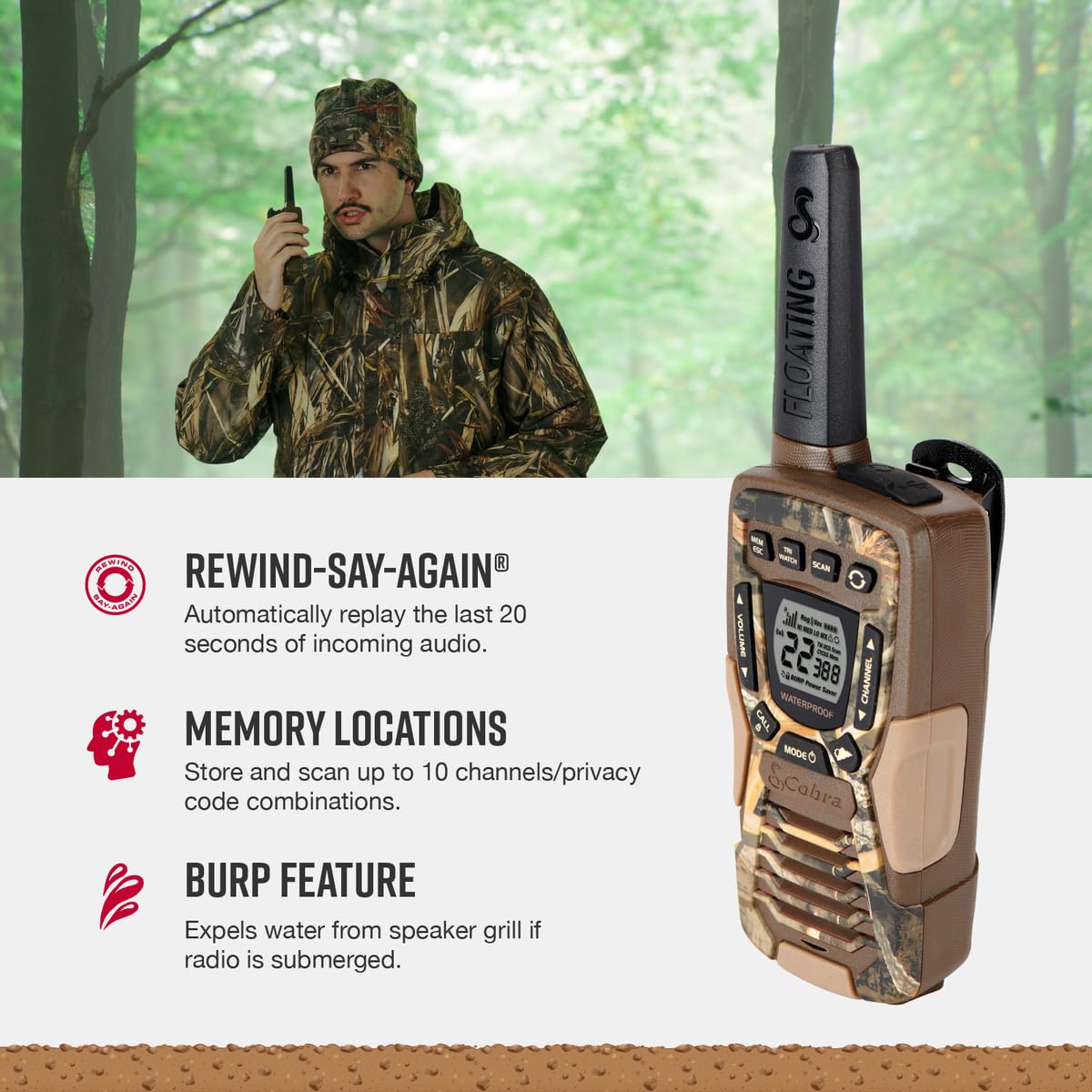 Cobra Acxt1035R Flt Camo Waterproof Walkie Talkies   Rechargeable, Floats, 22 Channels, Long Range 37 Mile Two Way Radio Set (2 Pack)