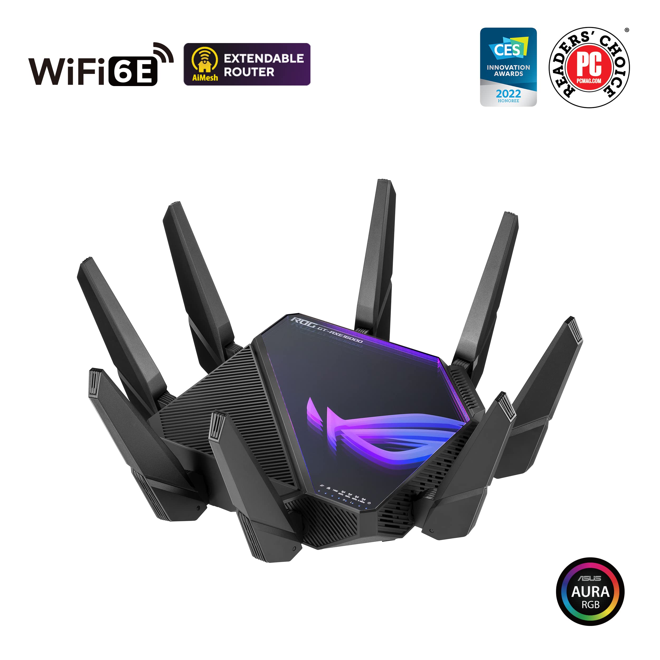 Asus Rog Rapture Gt Axe16000 Quad Band Wifi 6E Extendable Gaming Router, 6Ghz Band, Dual 10G Ports, 2.5G Wan Port, Rangeboost Pl