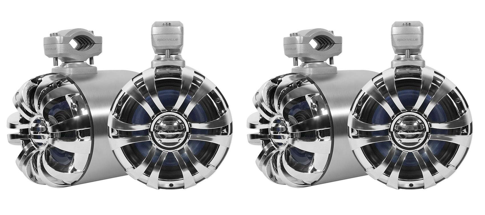 Rockville WB65 600W Peak/300W RMS 6.5 in Marine Wakeboard Tower Speakers 4 Ohm, Stainless Steel Enclosure, 360 Swivel Brackets,