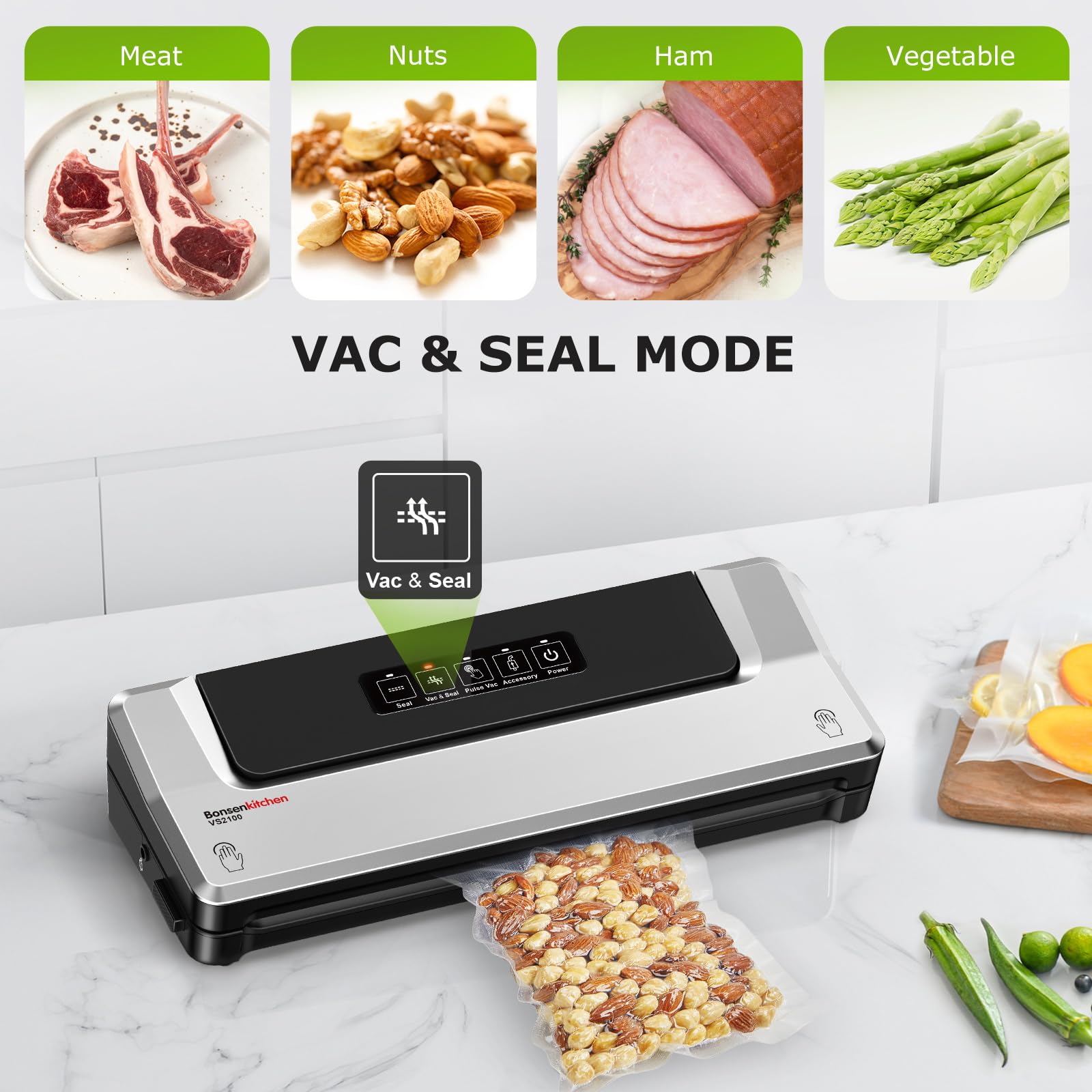 Bonsenkitchen Vacuum Sealer Machine, Precision-Compact 4-In-1 Food Sealer Machine, Multi-Functional Food Vacuum Sealer With & Ac