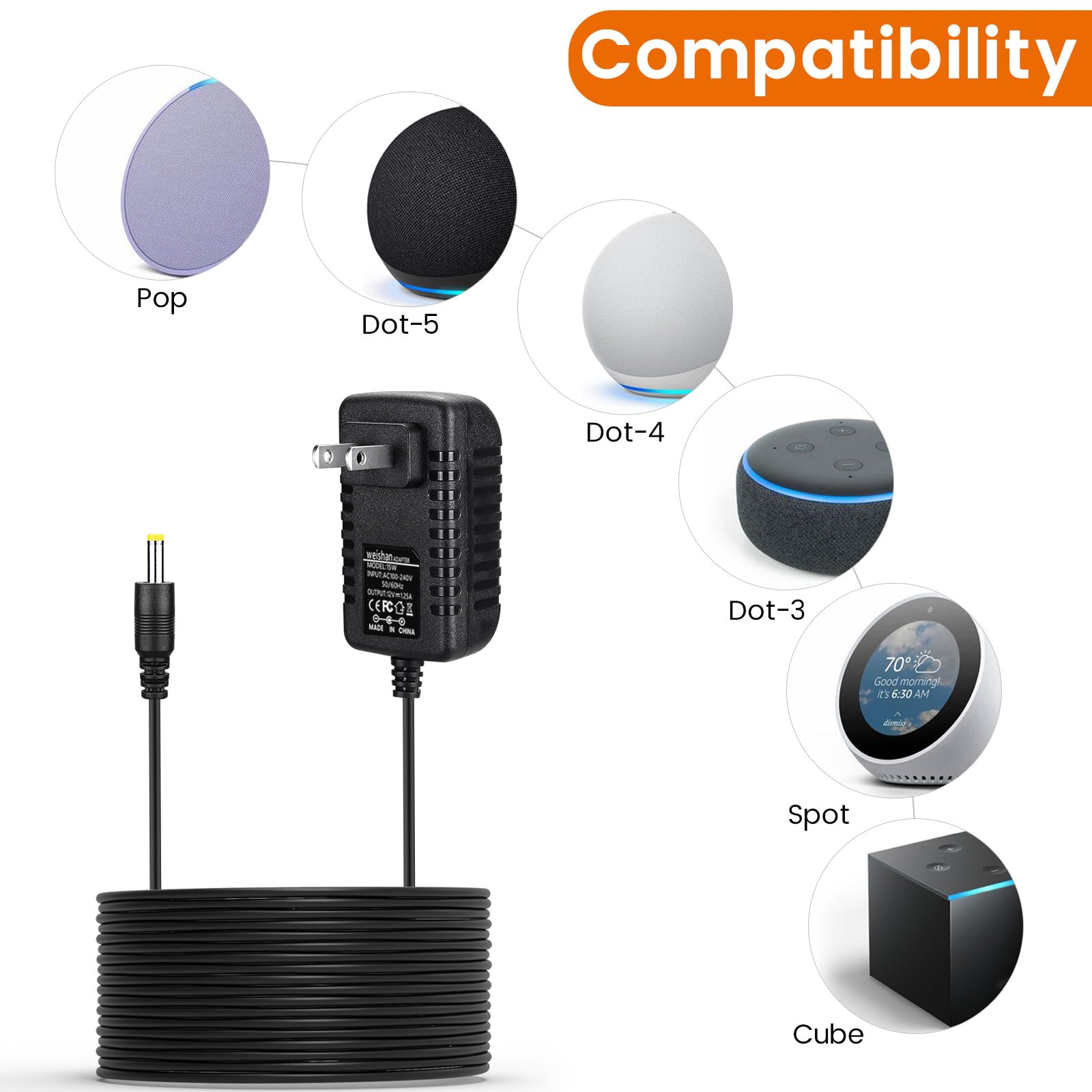 15W Power Adapter Replacement For Echo Pop, Dot 5Th Gen, Dot 4Th Gen, Dot 3Rd Gen, Kids Edition, Tv Cube Smart Speakers   Black