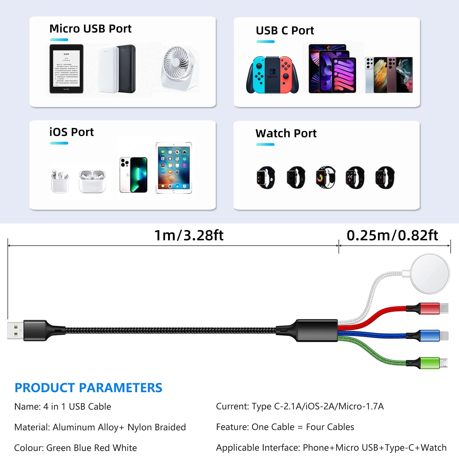2Pack 4 In 1 Iwatch & Iphone Charger For Travel, Multi Charging Cable For Apple Watch Charger Wireless Usb C Micro Compatible Wi