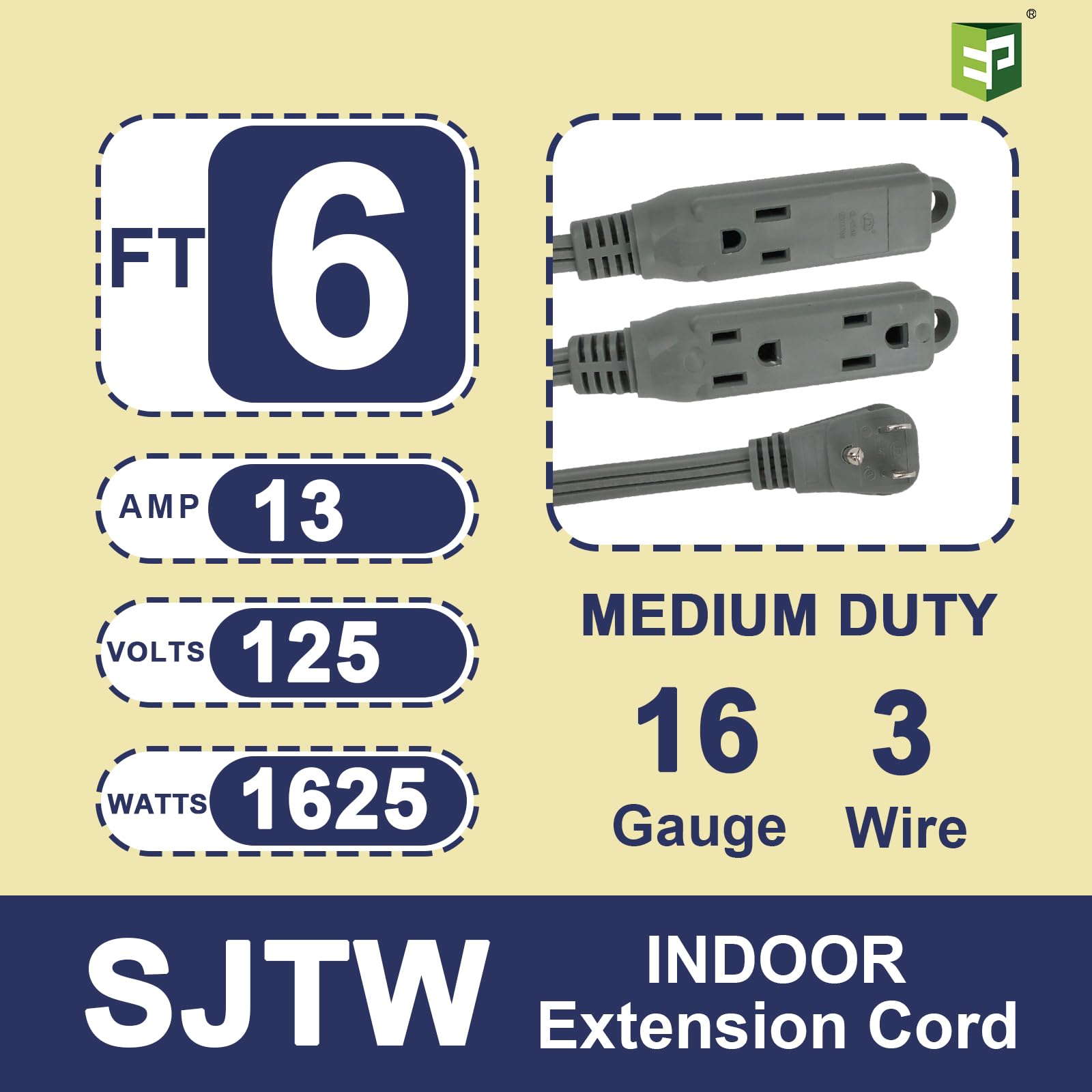 Ep 6 Ft 3 Outlet Extension Cord With Flat Plug, 3 Prong Grounded, 16/3 Spt 3 Power Cable For Indoor Use, Grey, 2 Pack