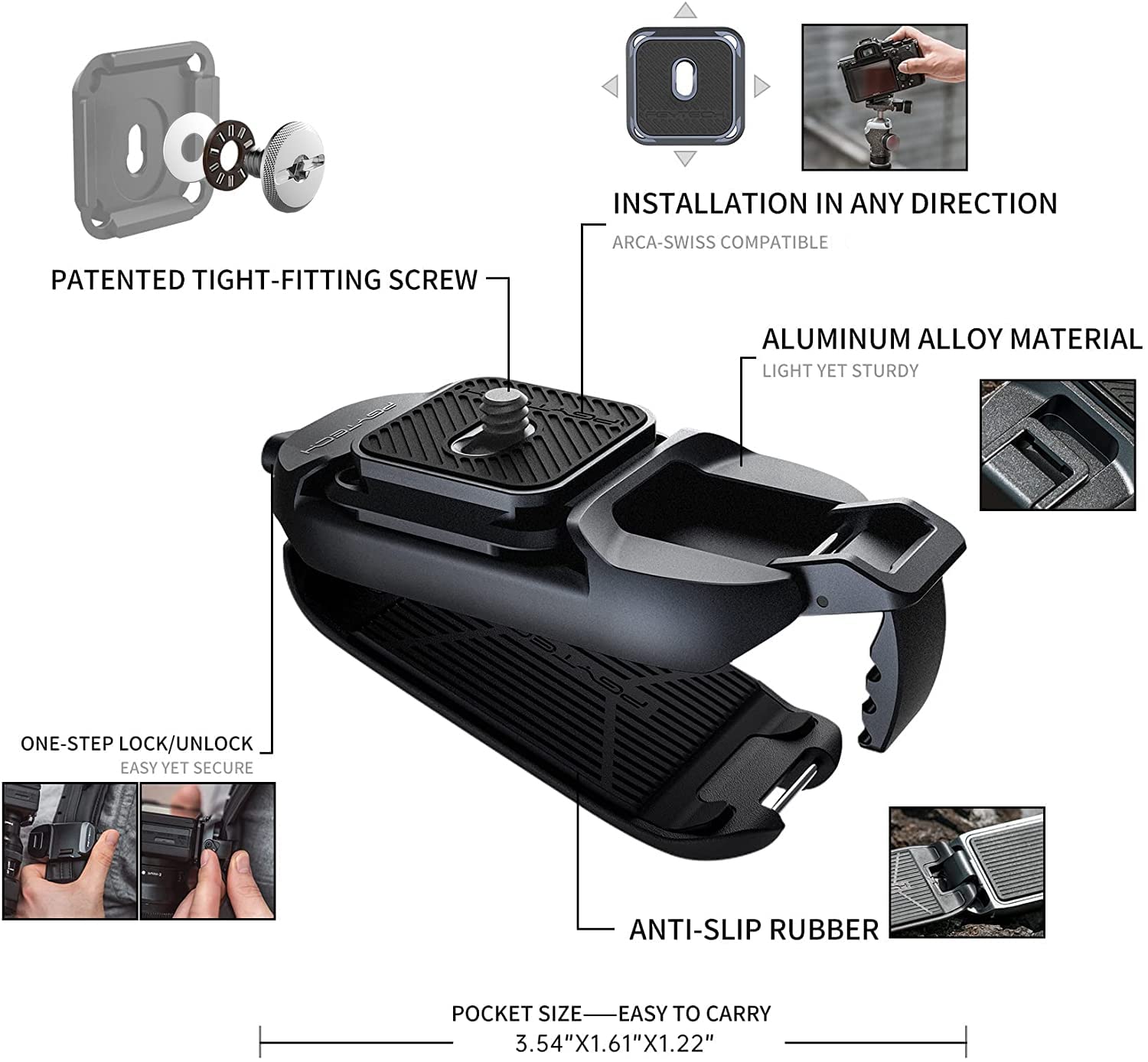 Pgytech Beetle Camera Clip With Plate Camera Quick Release System For Sony, Nikon, Fuji, Dslr Action Camera Backpack Camera Strap Mount (For Camera)