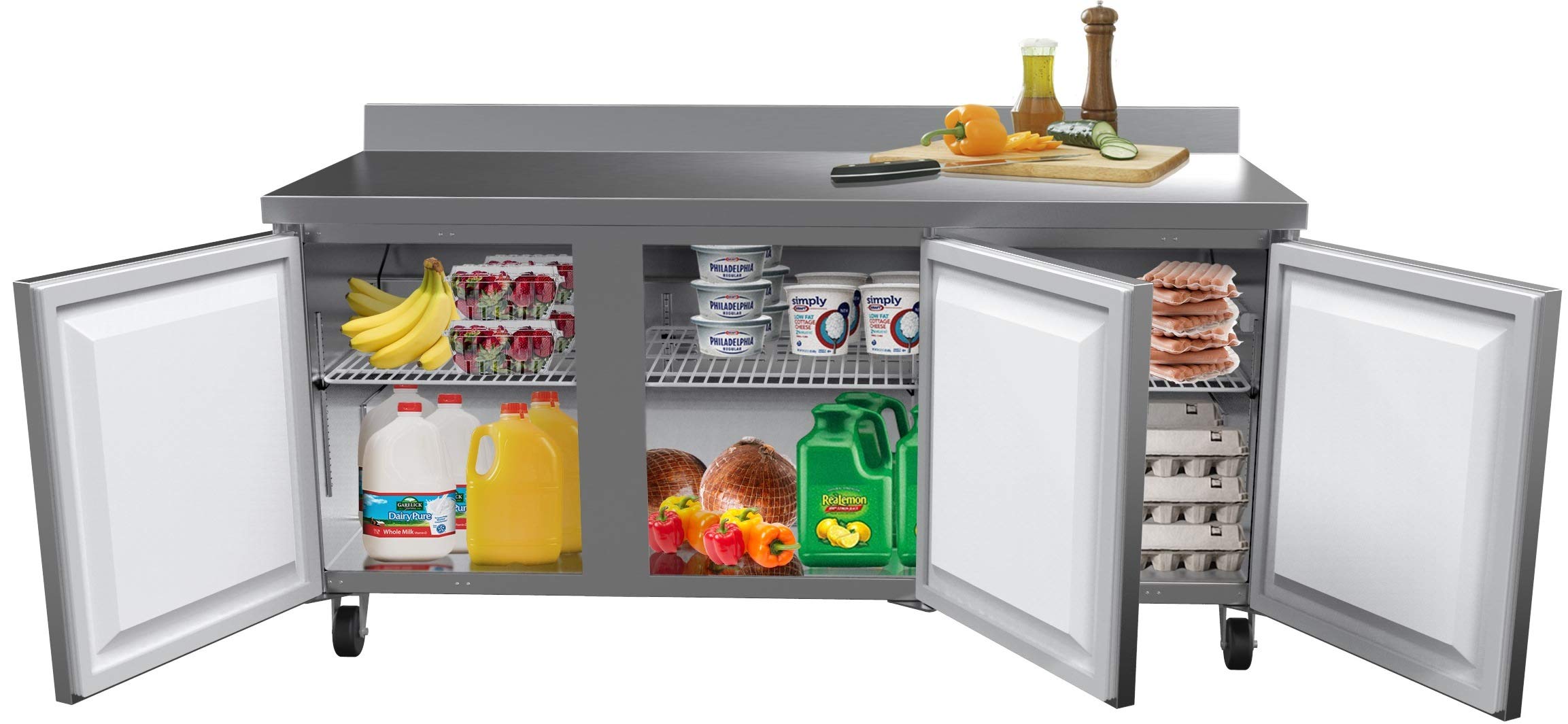 KoolMore 72 Stainless Steel 3 Door Worktop Commercial Refrigerator with 3 1/2 Backsplash - 16.9 cu.ft, Model: RWT-3D-16C