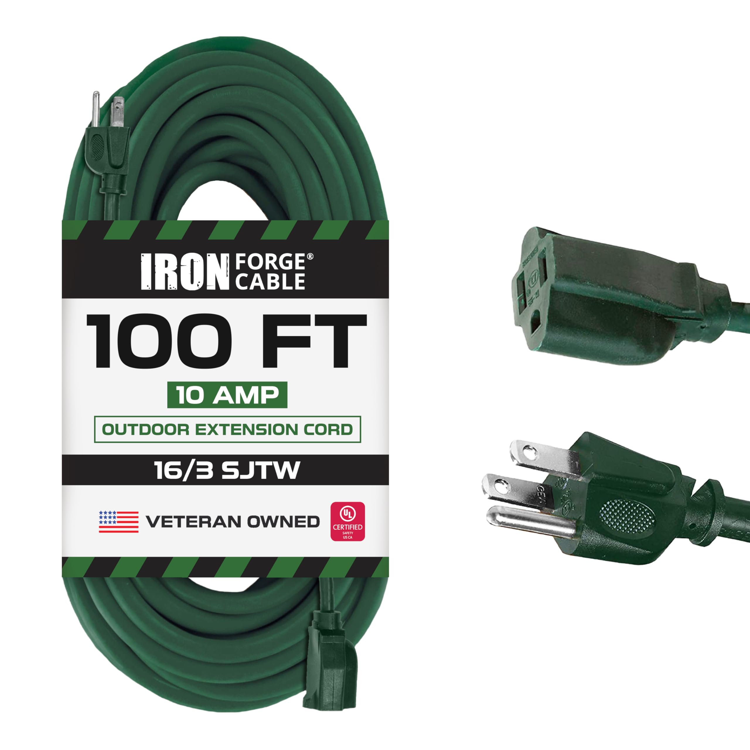 Iron Forge Cable Weatherproof Outdoor Extension Cord 100 Ft, 16/3 Sjtw Heavy Duty Green Extension Cord 3 Prong, Power Cable Great For Outside, Outdoor Lights, Lawn & Landscaping   Us Veteran Owned