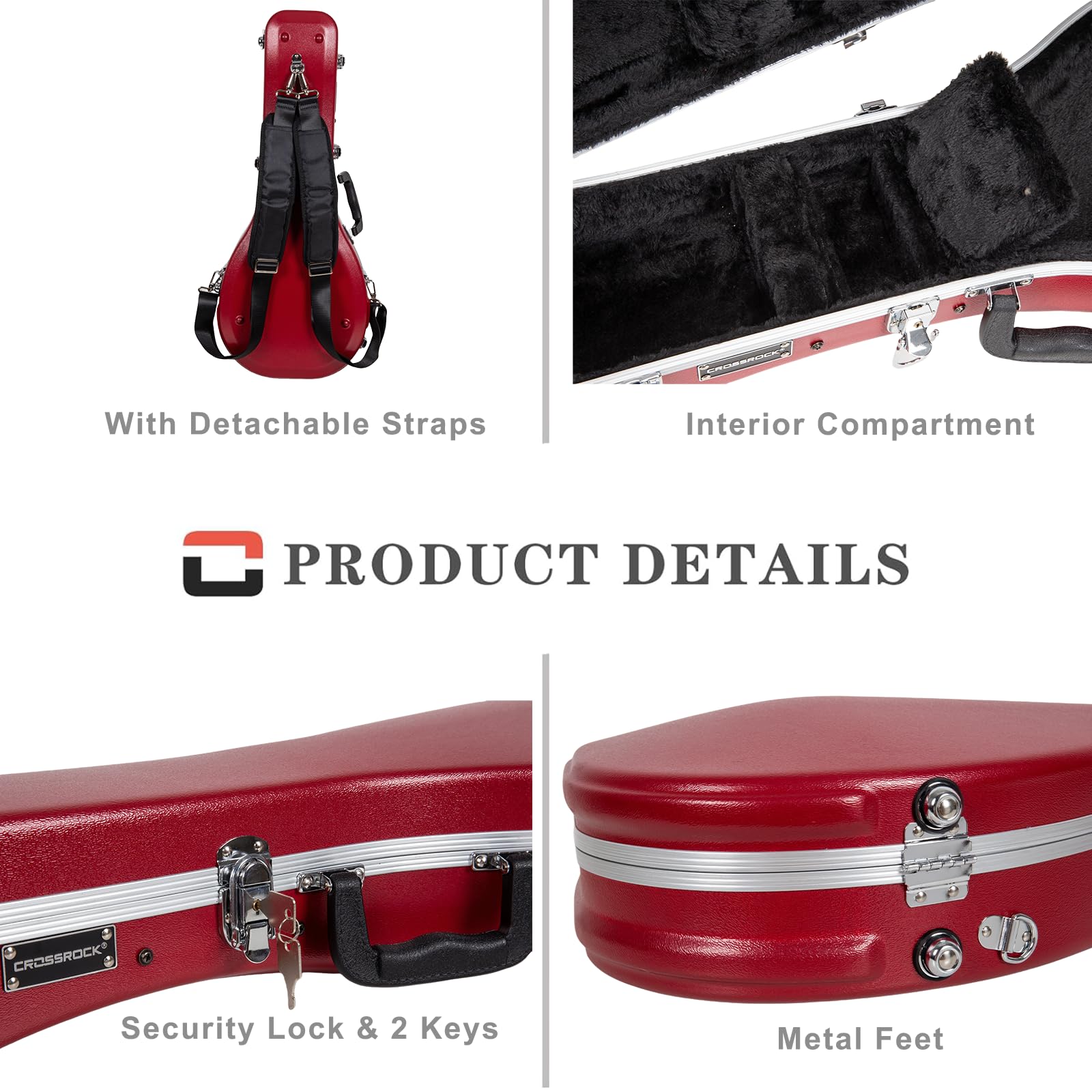 Crossrock A-Style Mandolin Case | Abs Molded Hardshell With Security Lock, Metal Feet, And Detachable Straps-Red (Cra862Mard)