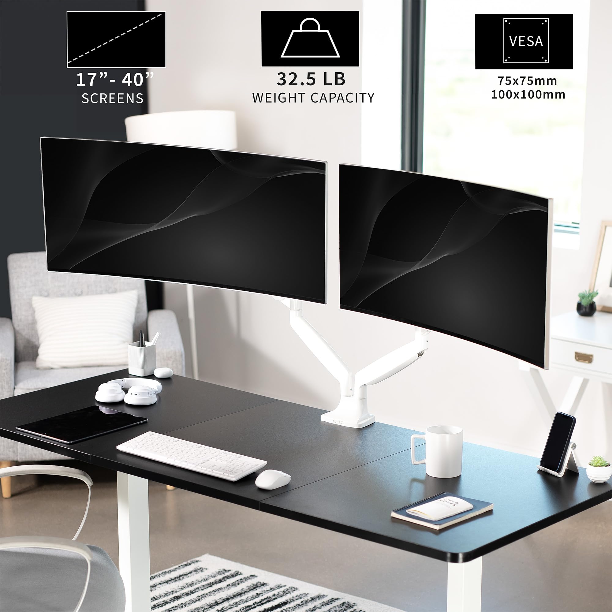 VIVO Premium Aluminum Heavy Duty Dual Monitor Arm for Ultrawide Monitors up to 40 inches and 32.5 lbs Each, Desk Mount Stand, Pneumatic Height, Max VESA 100x100, White, STAND V202QW