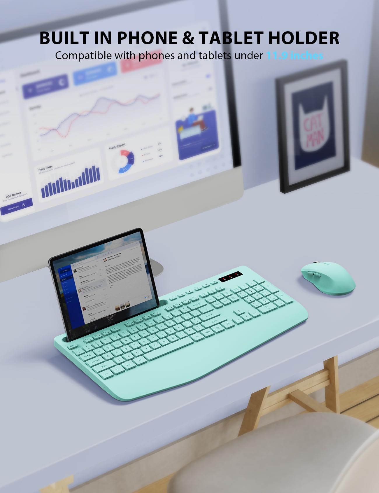 Wireless Keyboard And Mouse Combo   Full Sized Ergonomic Keyboard With Wrist Rest, Phone Holder, Sleep Mode, Silent 2.4Ghz Cordless Keyboard Mouse Combo For Computer, Laptop, Pc, Mac, Windows (Green)