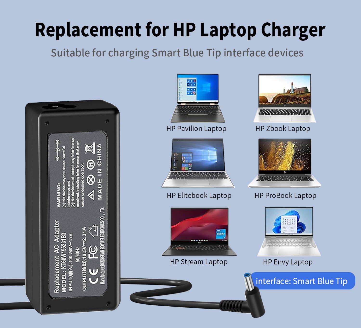 45W 19.5V 2.31A For Hp Laptop Charger Blue Tip,Hp Pavilion X360 Charger 11 13 15, Envy X360 13 15,Zbook 14U G4 G5 15U 15 G3,Stream 11 13 14,Hp Model 15 Laptop Charger Ac Adapter With Power Cord