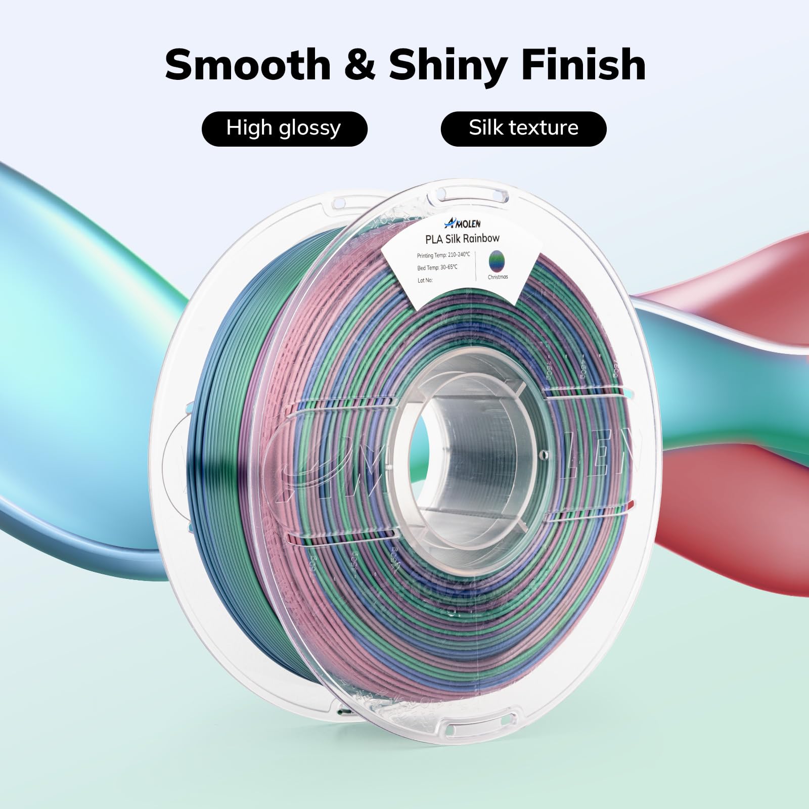Amolen Silk Pla 3D Printer Filament, Shiny Multicolor Christmas Rainbow Pla Filament 1.75Mm, Gradient Color Change Pla 3D Printi