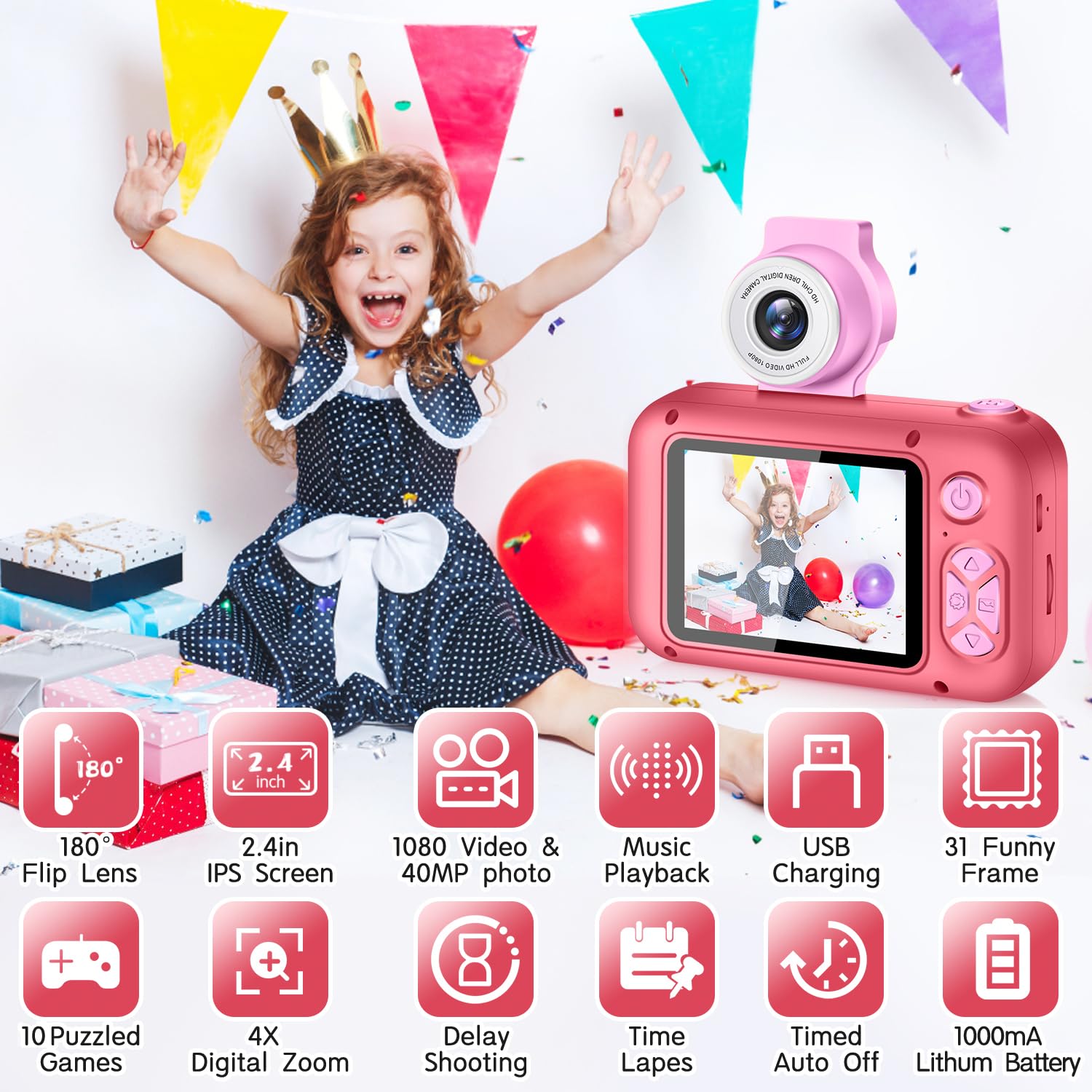 Arnssien Kid Camera,Camera For Kid,2.4In Ips Screen Digital Camera,180Flip Len Student Camera,Children Selfie Camera With Playba