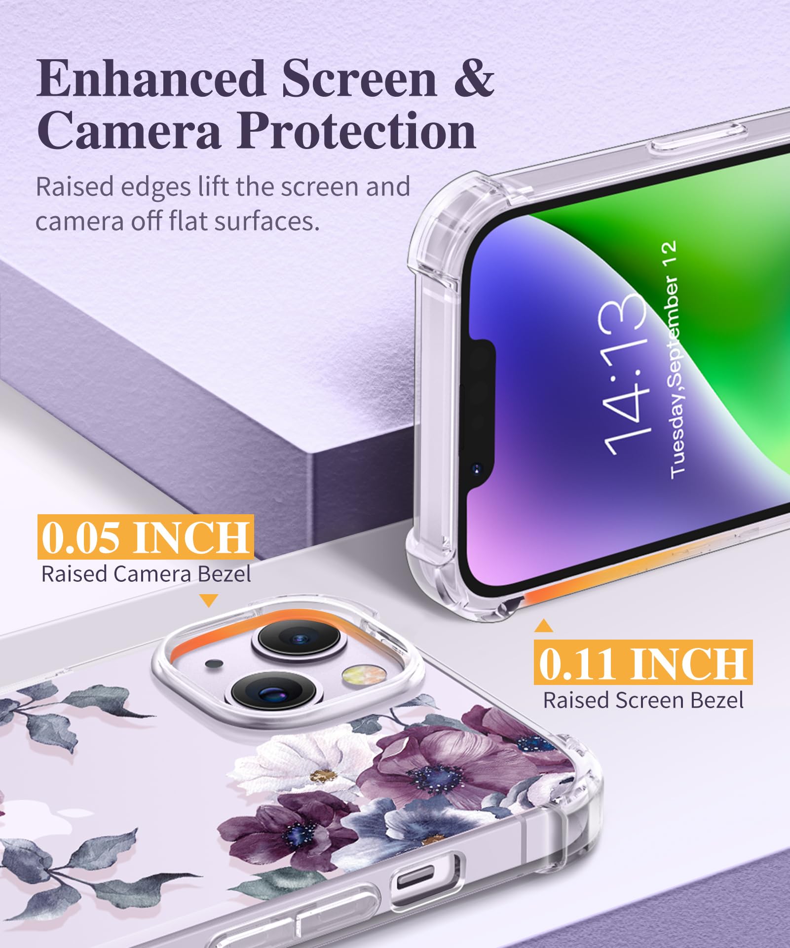 Gviewin For Iphone 14 Plus Case Floral, With Screen Protector + Camera Lens Protector, Soft Slim Clear Flower Shockproof Full Bo