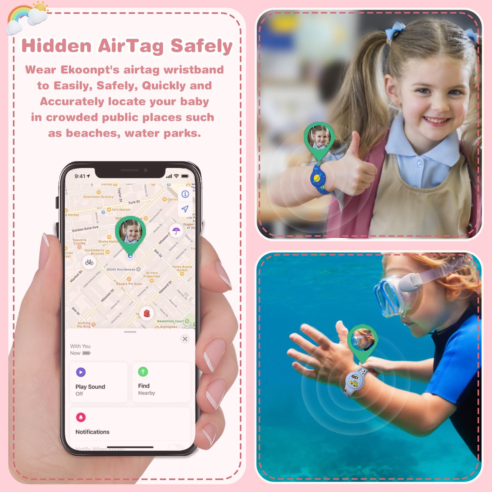 Waterproof Airtag Watch Bracelet For Kids, Airtag Holder For Kids With Soft Silicone Full Coverage Anti Lost Hidden Apple Air Ta
