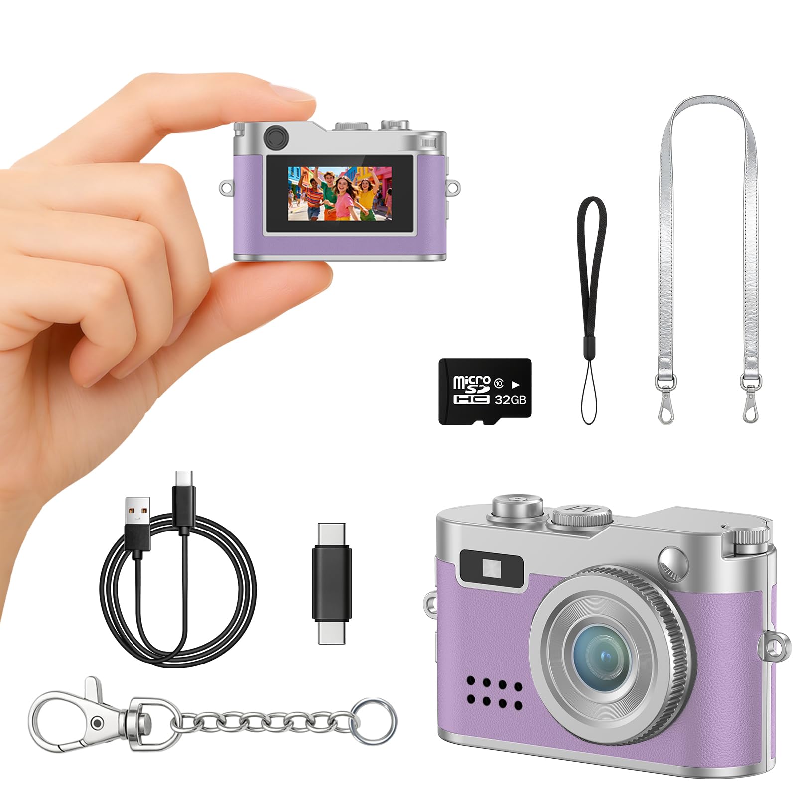 Mini Digital Camera, 1080P HD Tiny Retro Keychain Camera with 32GB Card, 0.96 Screen & OTG Adapter, Vintage Compact Micro Pocket