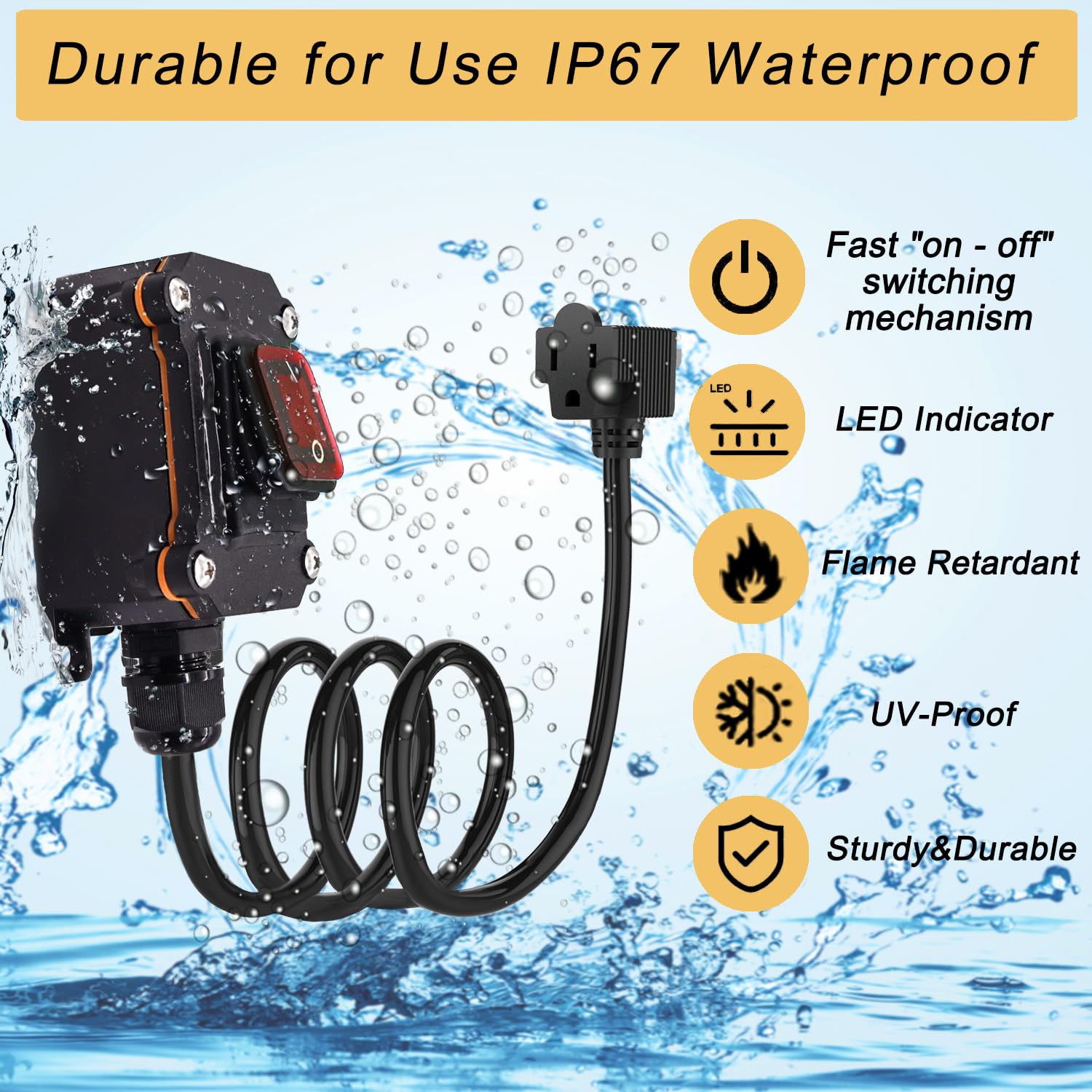 Karlkers Inline Cord Switch With 10Ft 14Awg Cable Piggyback Plug(3 Pronged), Ip67 Waterproof Extension Cord With On/Off Switch,