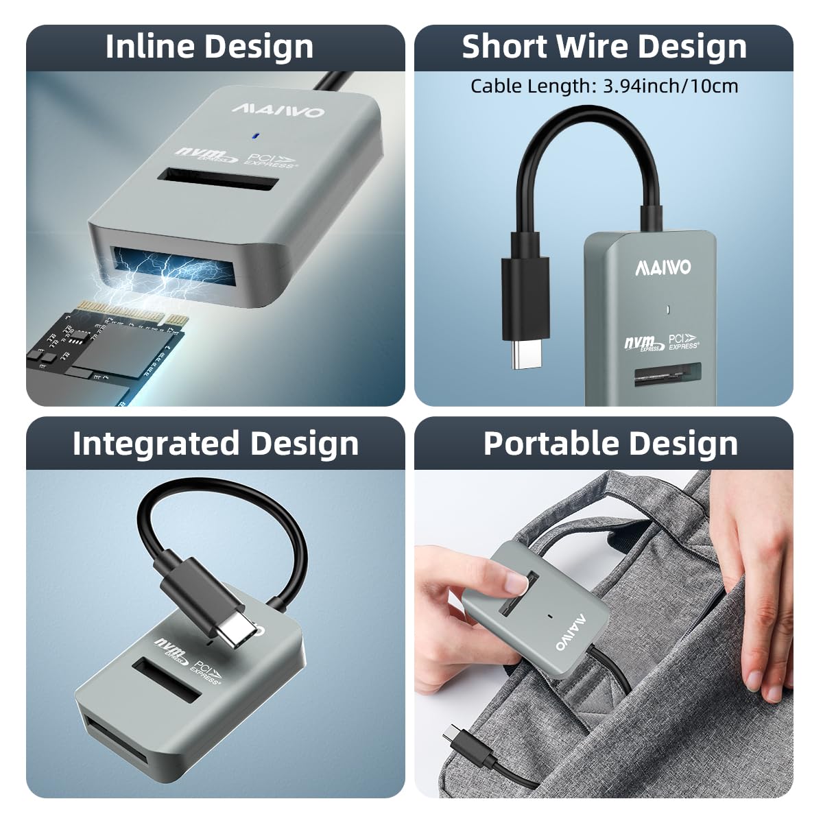 Maiwo M.2 Nvme To Usb Adapter, Usb C Pcie Nvme Dock, Usb3.2 Gen2X1 10Gbps With Uasp Trim, 4Tb Capacity, Tool Free Lay Flat Nvme Ssd Enclosure Reader