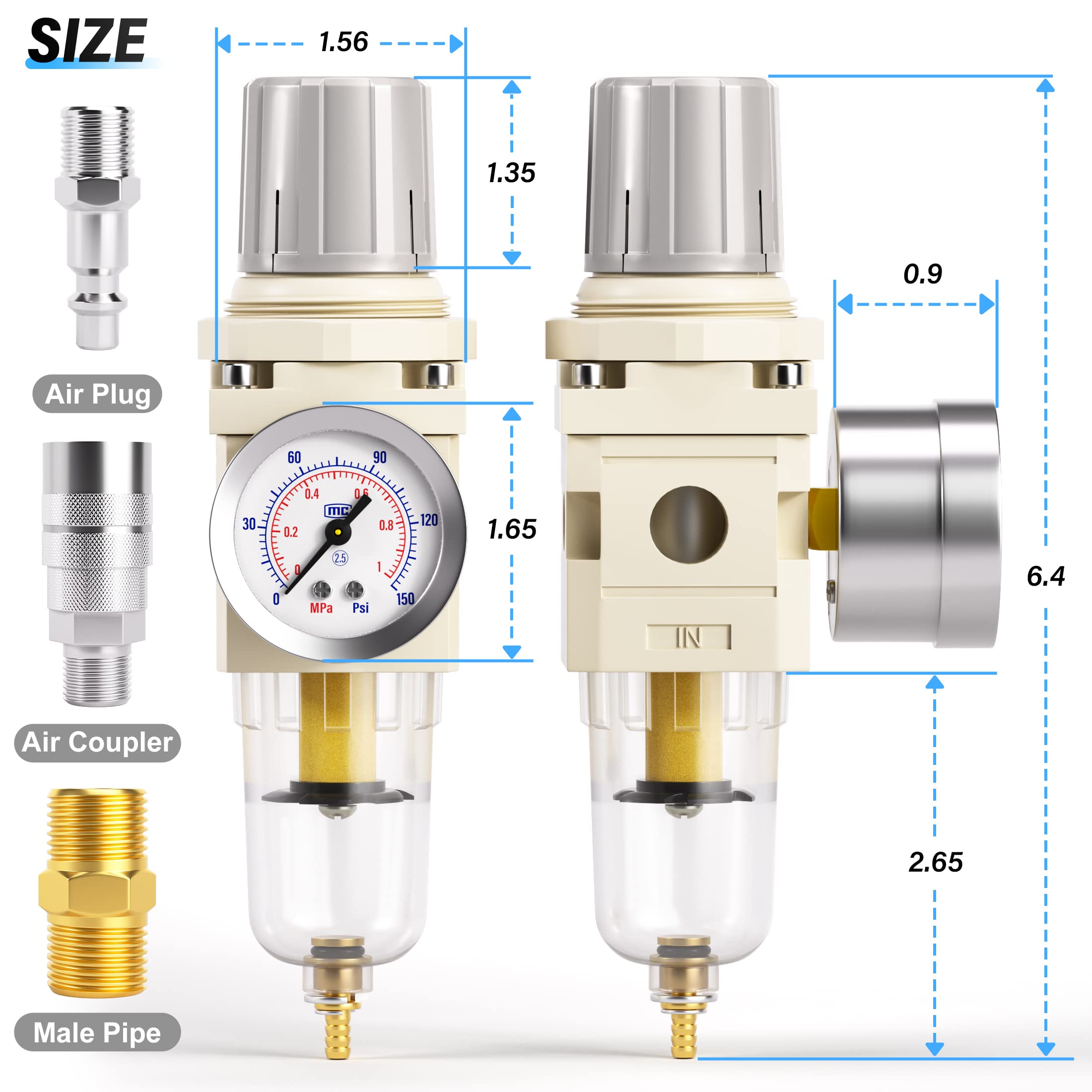 Tailonz Pneumatic 1/4 Inch Npt Air Filter Pressure Regulator Combo Piggyback, Air Tool Compressor Filter With Gauge Aw2000-02