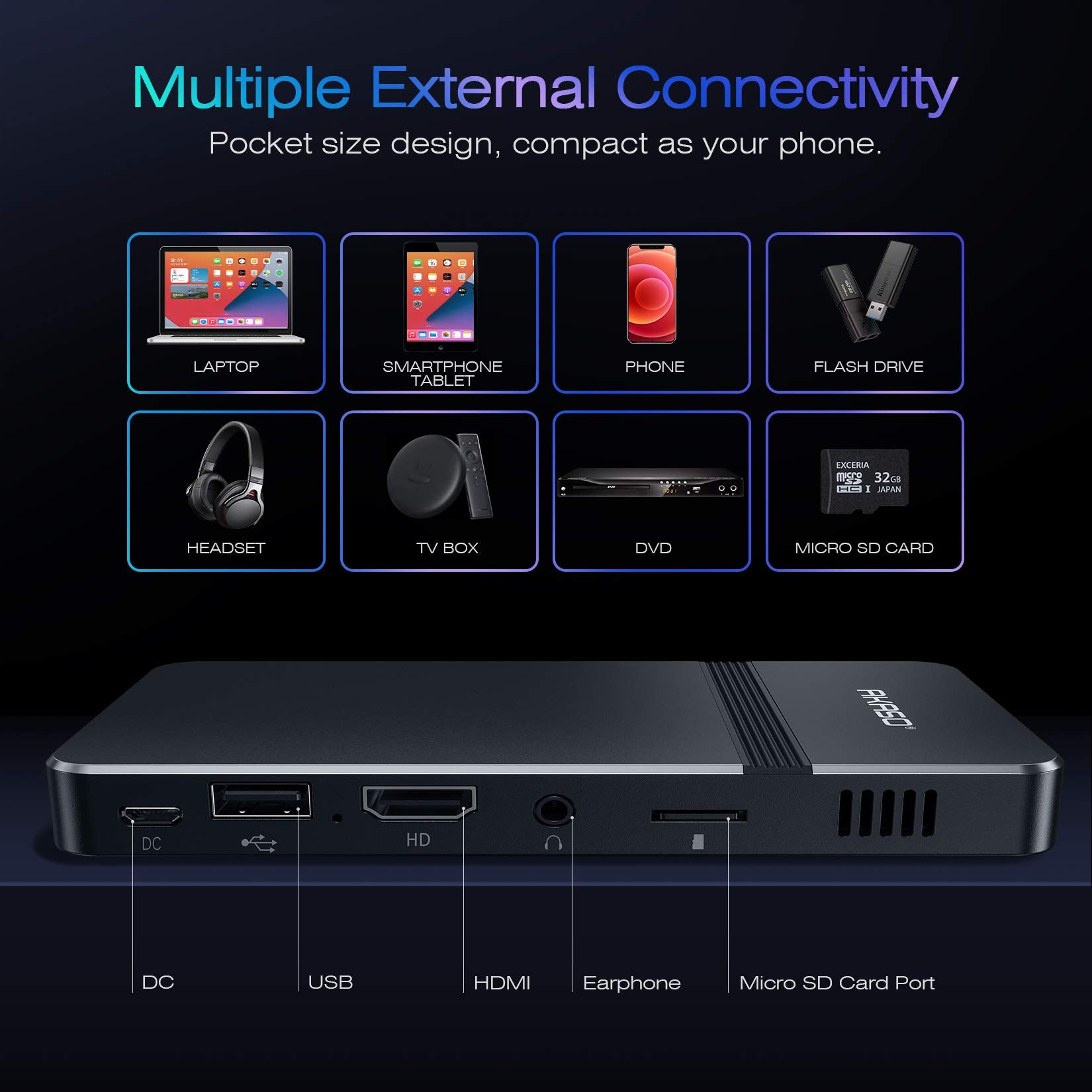 AKASO Mini Projector - 1080P Portable DLP Projector with HDMI, WiFi, Rechargeable Battery, Black