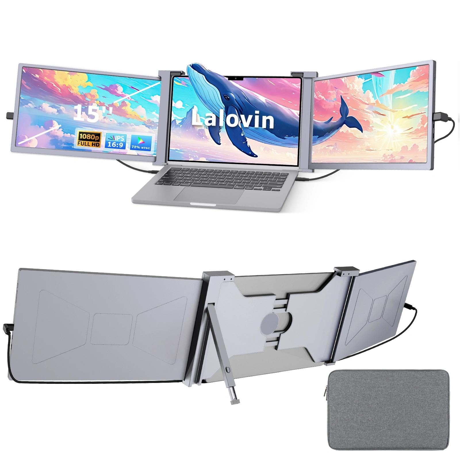 Lalovin 15 Laptop Screen Extender, 1080P FHD IPS Triple Portable Monitor for 15-17.3 Laptop, Plug & Play Monitor Extender with U