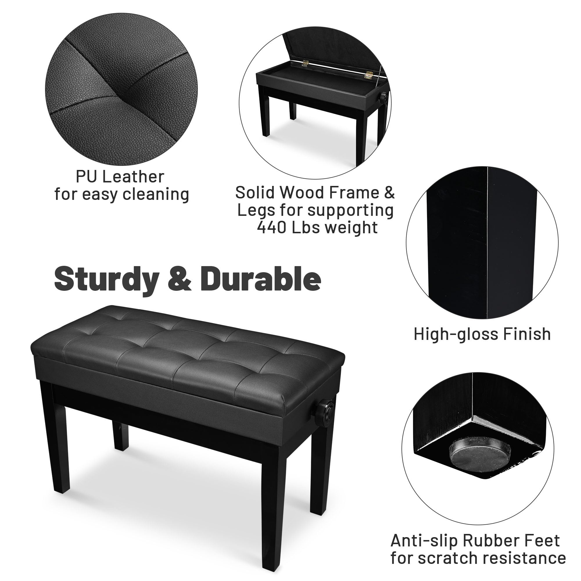 Aw Adjustable Duet Piano Bench Pu Leather Padded Wooden Keyboard Stool Storage For Music Books Black