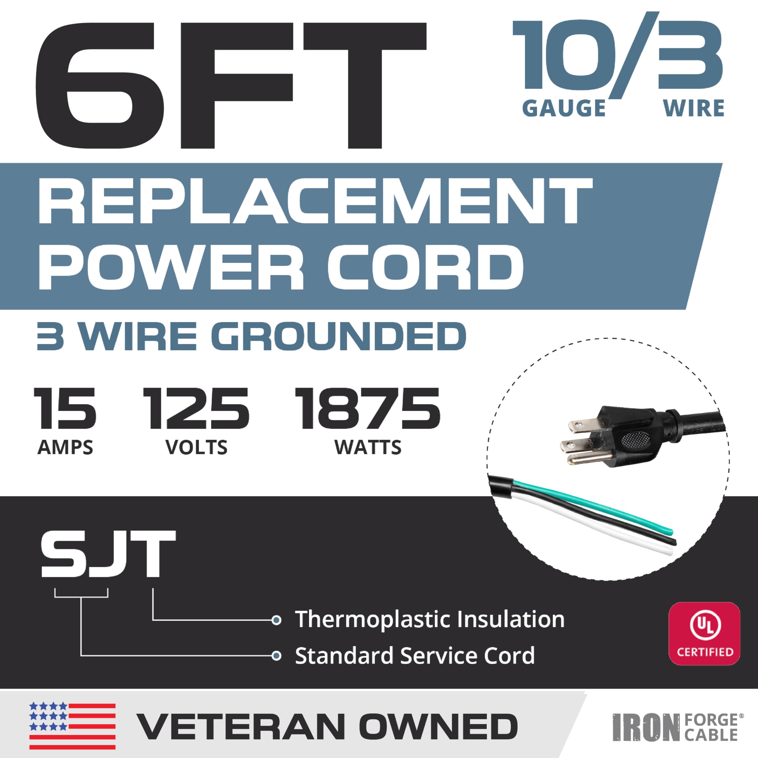 Iron Forge Cable 10 Gauge Power Cord Replacement   6Ft,15 Amp Black Heavy Duty Extension Cord, 10/3 Sjt 3 Prong Electric Cable