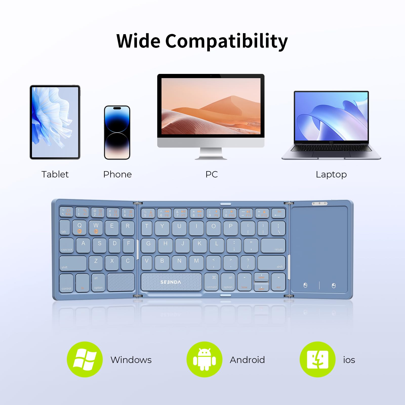 Seenda Foldable Bluetooth Keyboard For Travel, Tri Folding Wireless Rechargeable Multi Device Portable Keyboard With Touchpad, For Laptop Ipad Tablet Pc Smartphone Windows Ios Android, Blue