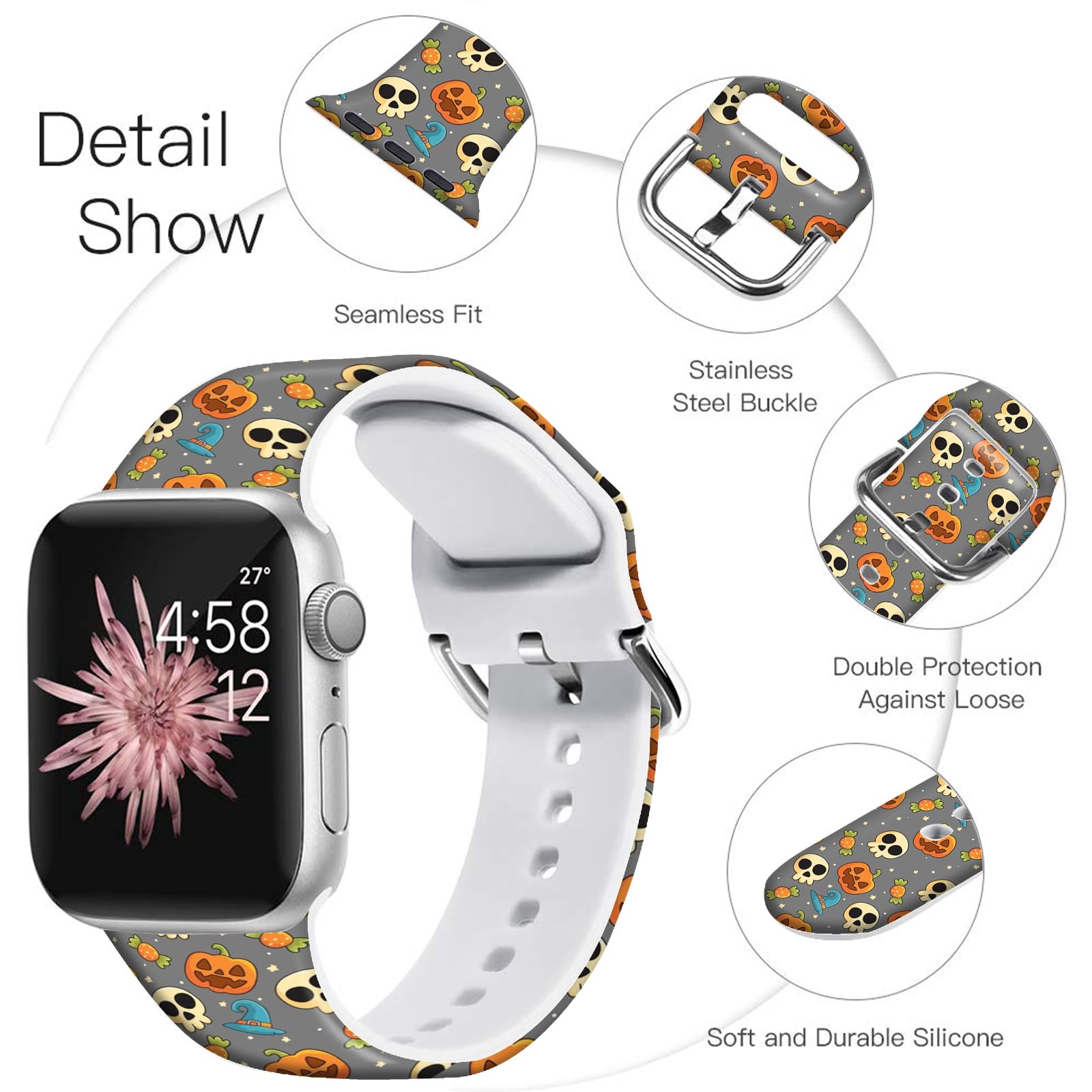 Ftfcase Fall Halloween Floral Silicone Bands Compatible With Apple Watch 49Mm 45Mm 44Mm 42Mm, Pumpkin Skull Gray Flower Sport St
