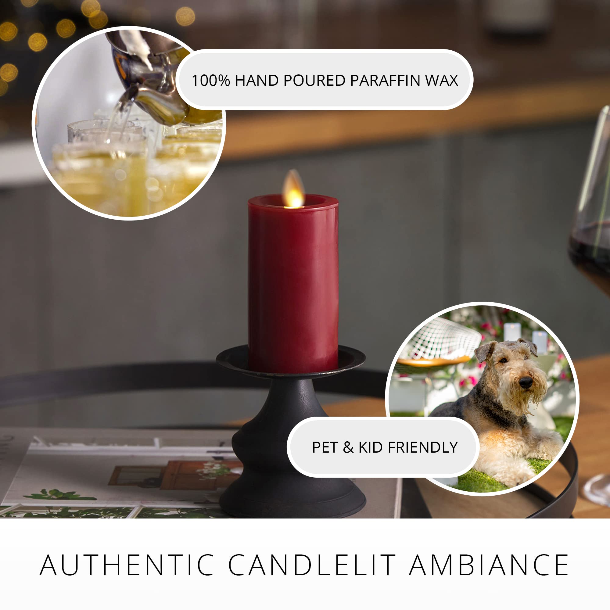 Luminara Flameless Classic Slim Burgundy Pillar Moving Flame Candle  Led Battery Operated Lights   Unscented   Remote Ready (4.2