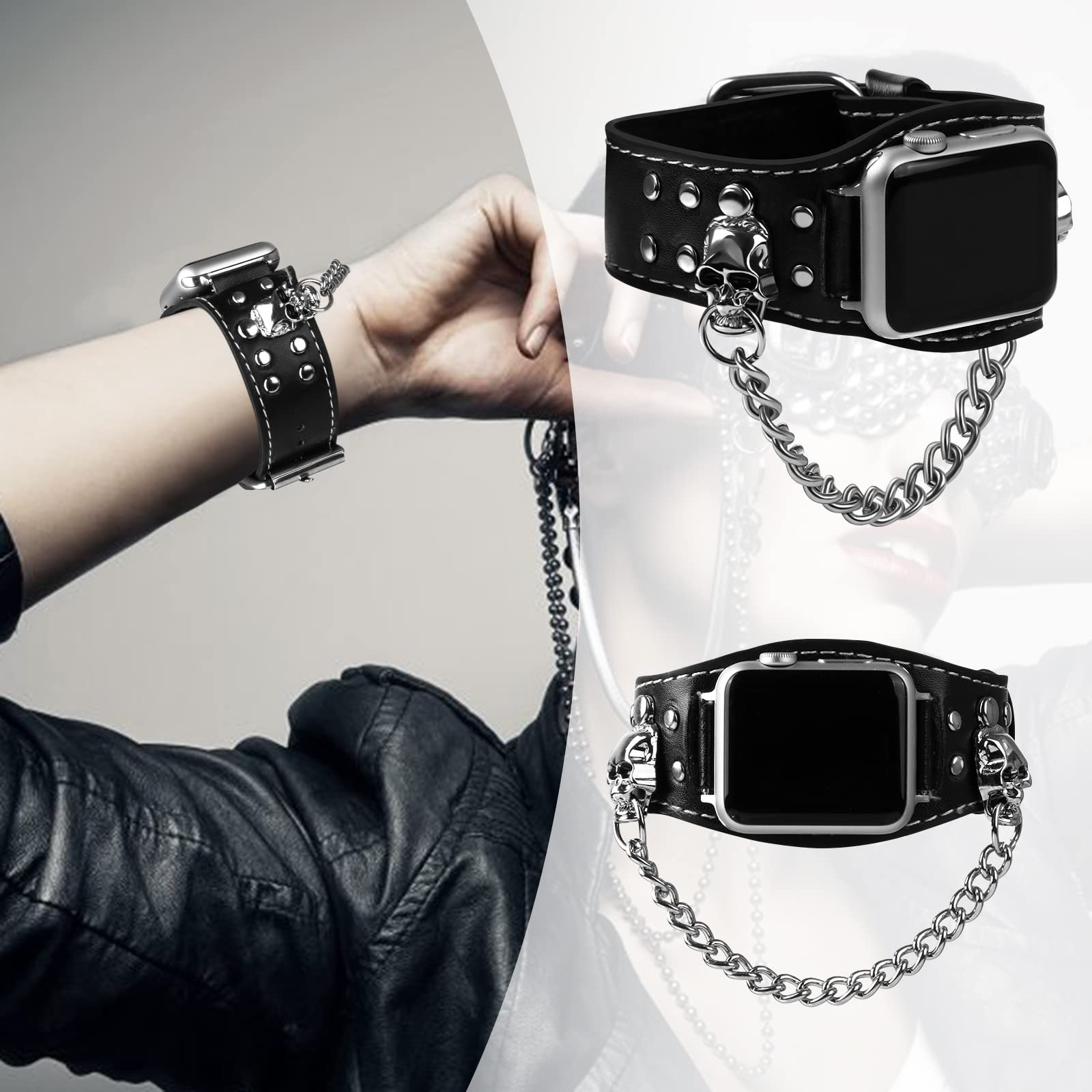 Viqiv Black Leather Skull Cuff Bracelet Compatible With Apple Watch Band Ultra 49Mm 44Mm 45Mm 42Mm 41Mm 40Mm 38Mm Series 8 7 6 5