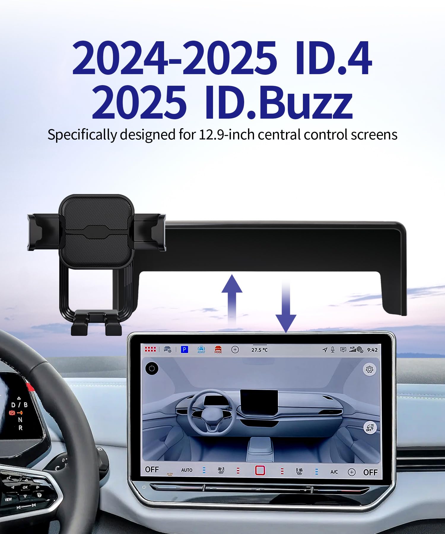 Masergogo Car Phone Holder For 2024 2025Volkswagen Id.4 / Vw 2025 Id.Buzz, 360 Rotation, 12.9 Inch Screen Fixed Clip, Auto Acces