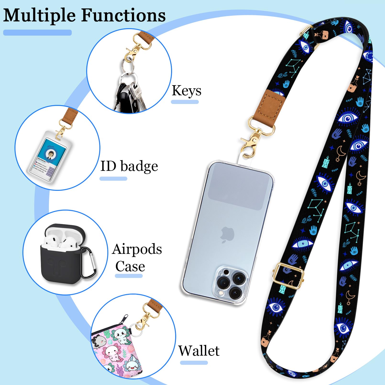 Yonlevres Phone Lanyard Crossbody Wrist Strap, Evil Eyes Cell Phone Lanyards For Around The Neck Wristlet Adjustable Phone Strap