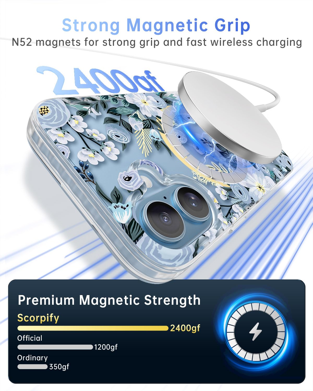 Scorpify For Iphone 16 Case [Compatible With Magsafe] With Blue Nemophila Floral Design, Cute Clear Flower Magnetic Phone Cover