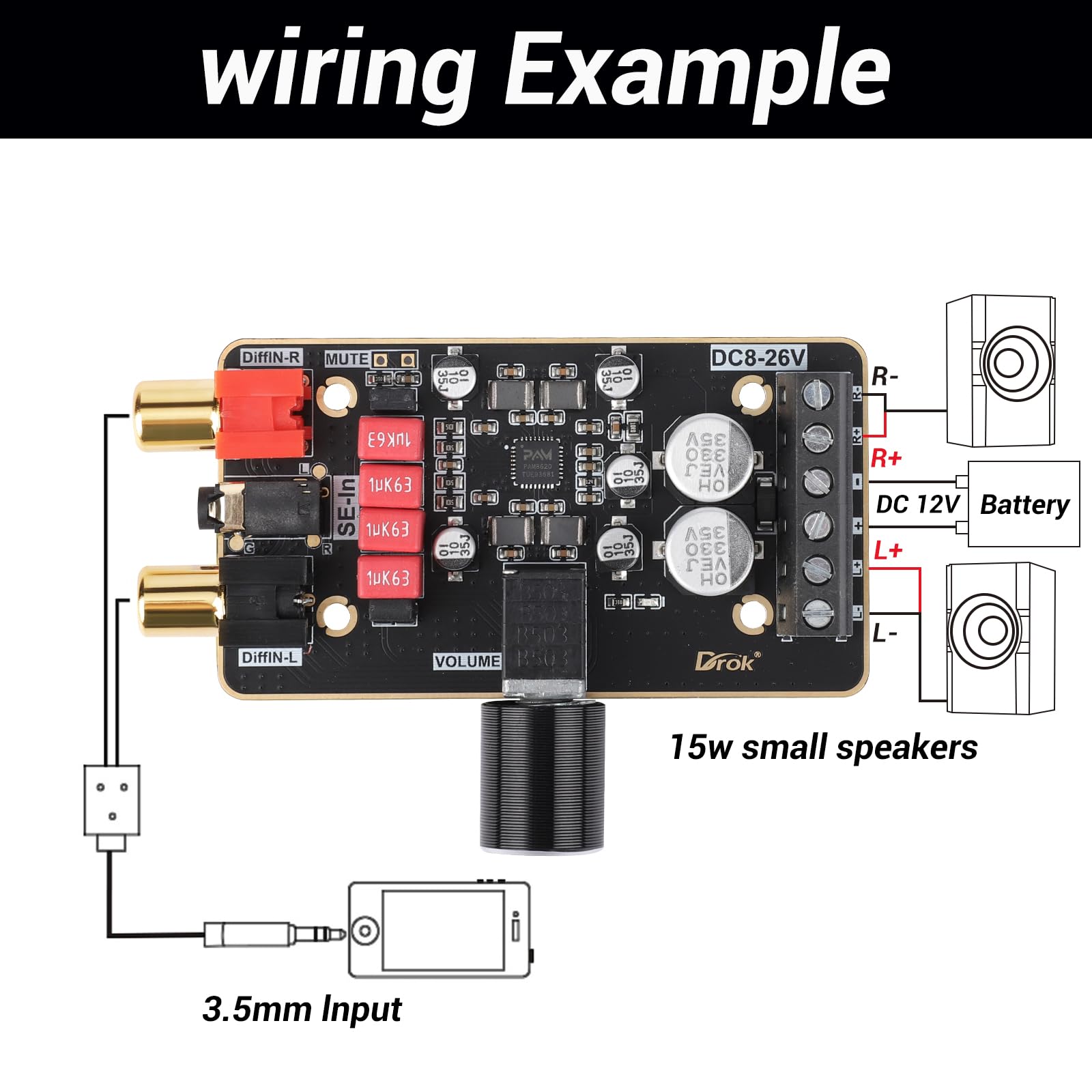 Drok 12V Amplifier Board, 15W+15W 2.0 Dual Channel Audio Amplifier Board Pam8620 Dc 8 26V 24V Digital Stereo Amp Module Class D Mini Power Amplify Circuit For Sound System Speaker Diy