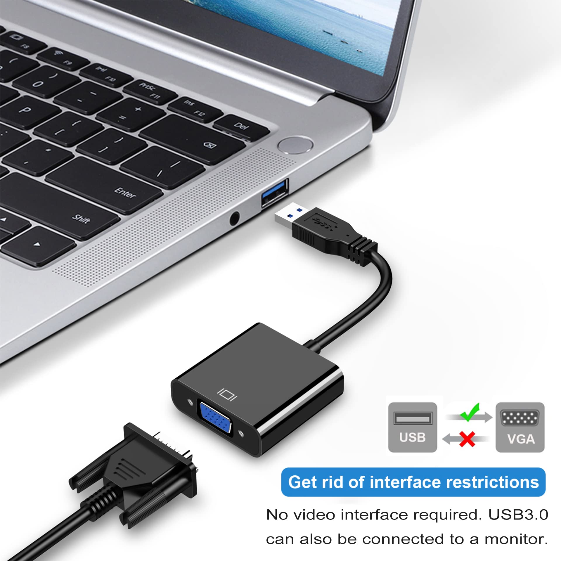Usb To Vga Adapter For Monitor, Vga To Usb 3.0/2.0 Converter 1080P Multi Display Video Cable For Laptop Desktop Pc To Monitors, Projector, Tv. (Not Support Chromebook)