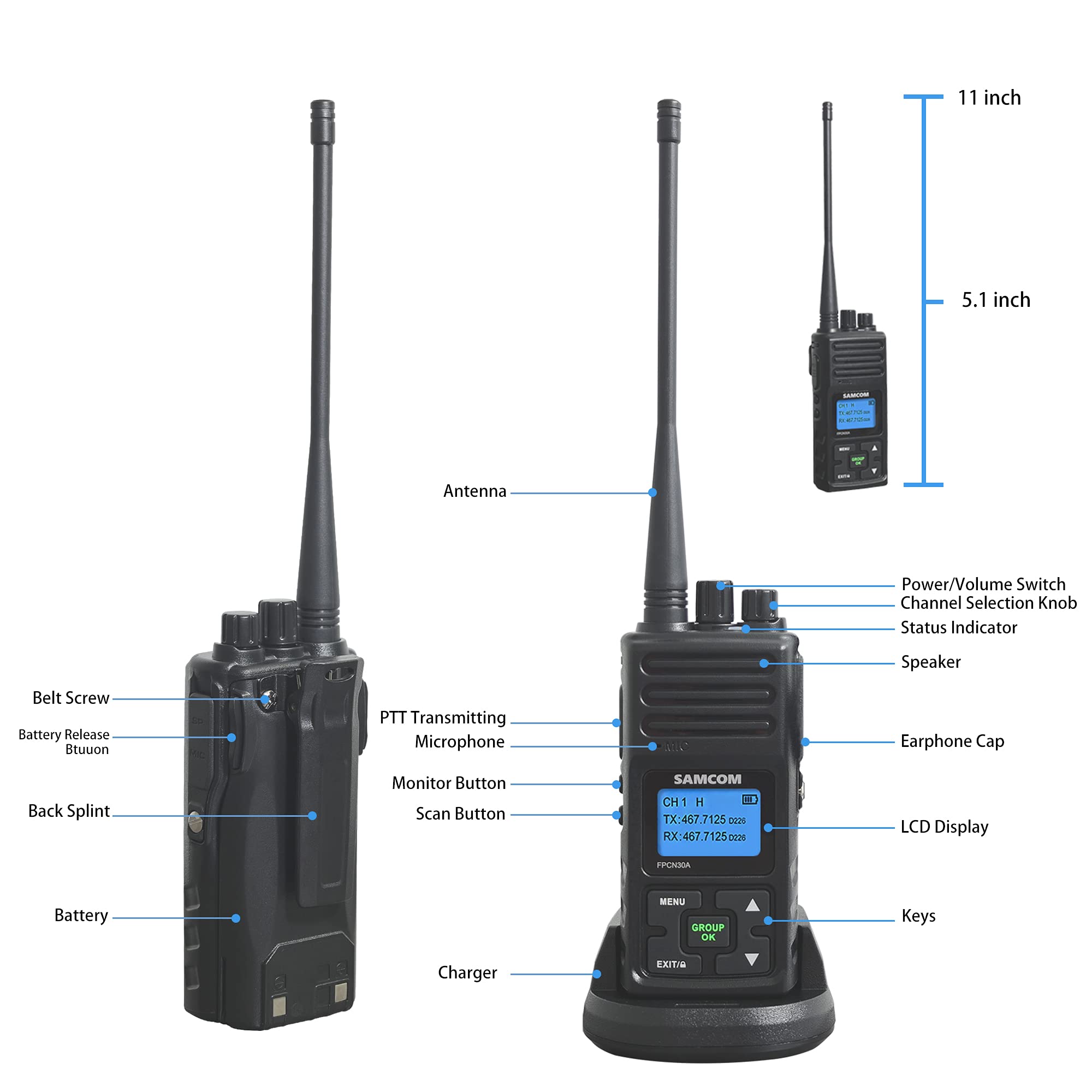 Samcom 5Watt Walkie Talkie Long Range Two Way Radio Rechargeable With Speaking Mic, Samcom 2 Way Radios Heavy Duty Walky Talky With Shoulder Mic For Restaurant Hotel (2 Pcs Radio + Speaker Mic)