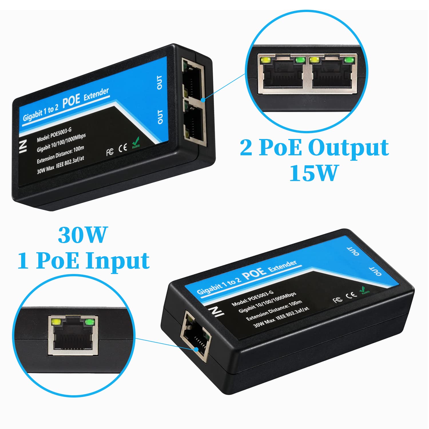 Revotech Gigabit 2 Port Poe Extender, Ieee 802.3Af/At Poe+ Standard, 10,100,1000Mbps, Poe Repeater 100 Meters(328 Ft), Extender