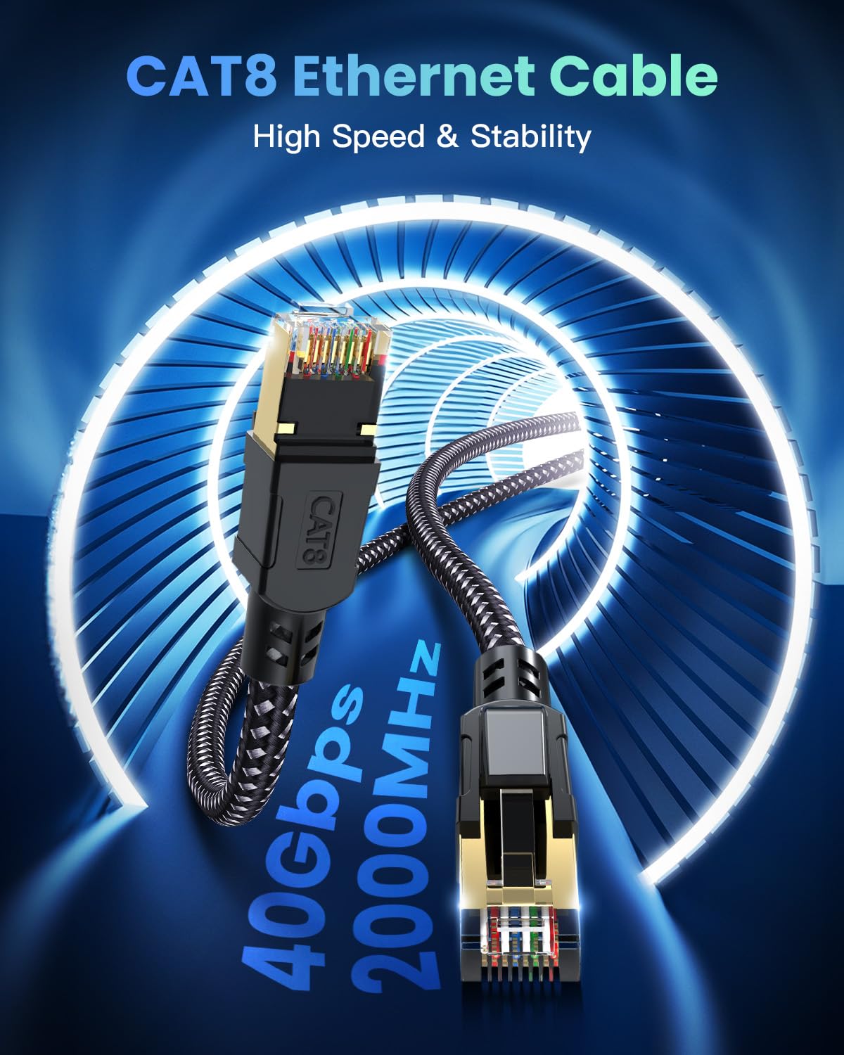 Busohe Cat 8 Ethernet Cable 8Ft, High Speed 40Gbps 2000Mhz Braided Network Internet Cable With Gold Plated Rj45 Connector, Heavy