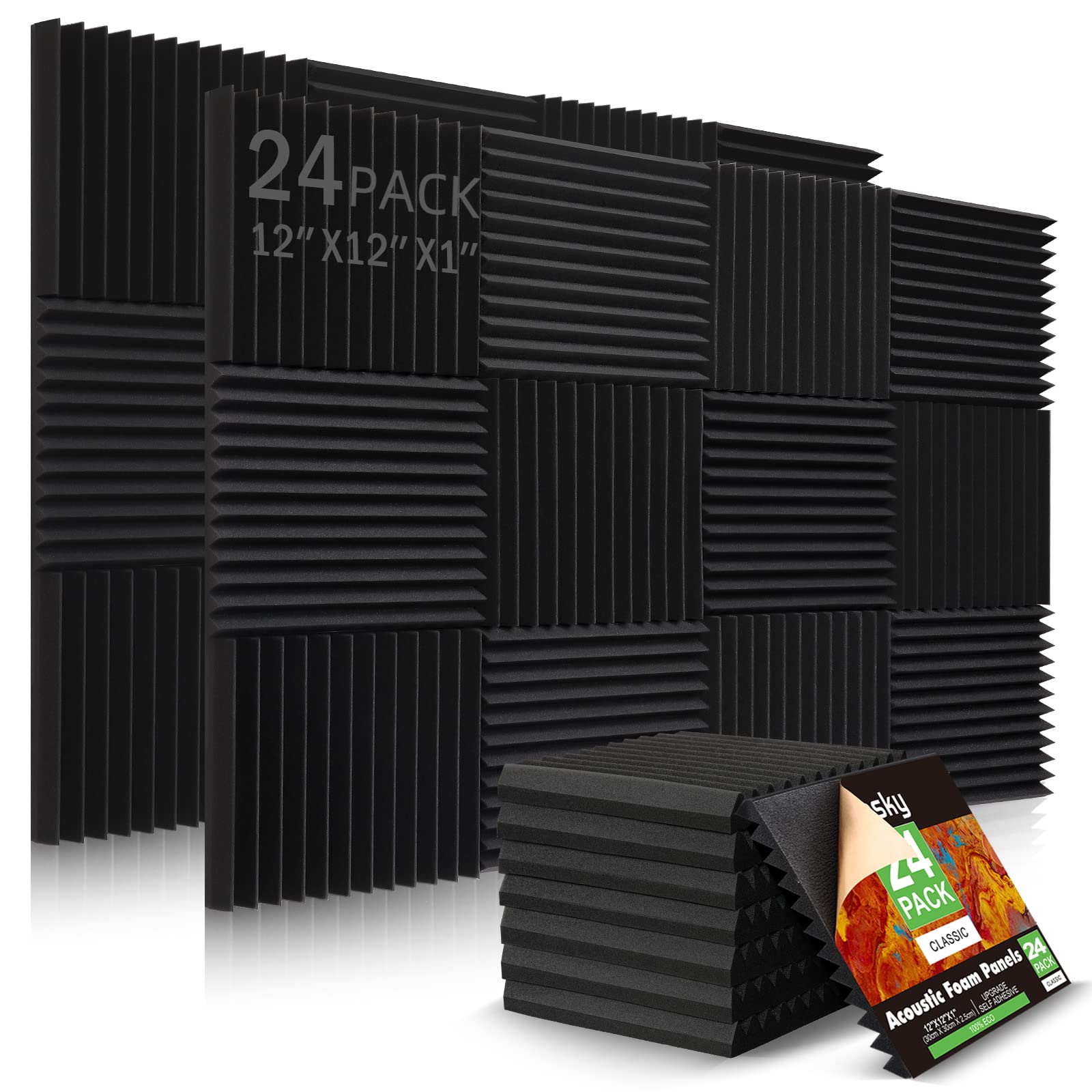 24 Pack Acoustic Panels, 1 X 12 X 12 Acoustic Foam Panels, Sound Proof Foam Panels, Self Adhesive Soundproof Wall Panels,Fire Pr