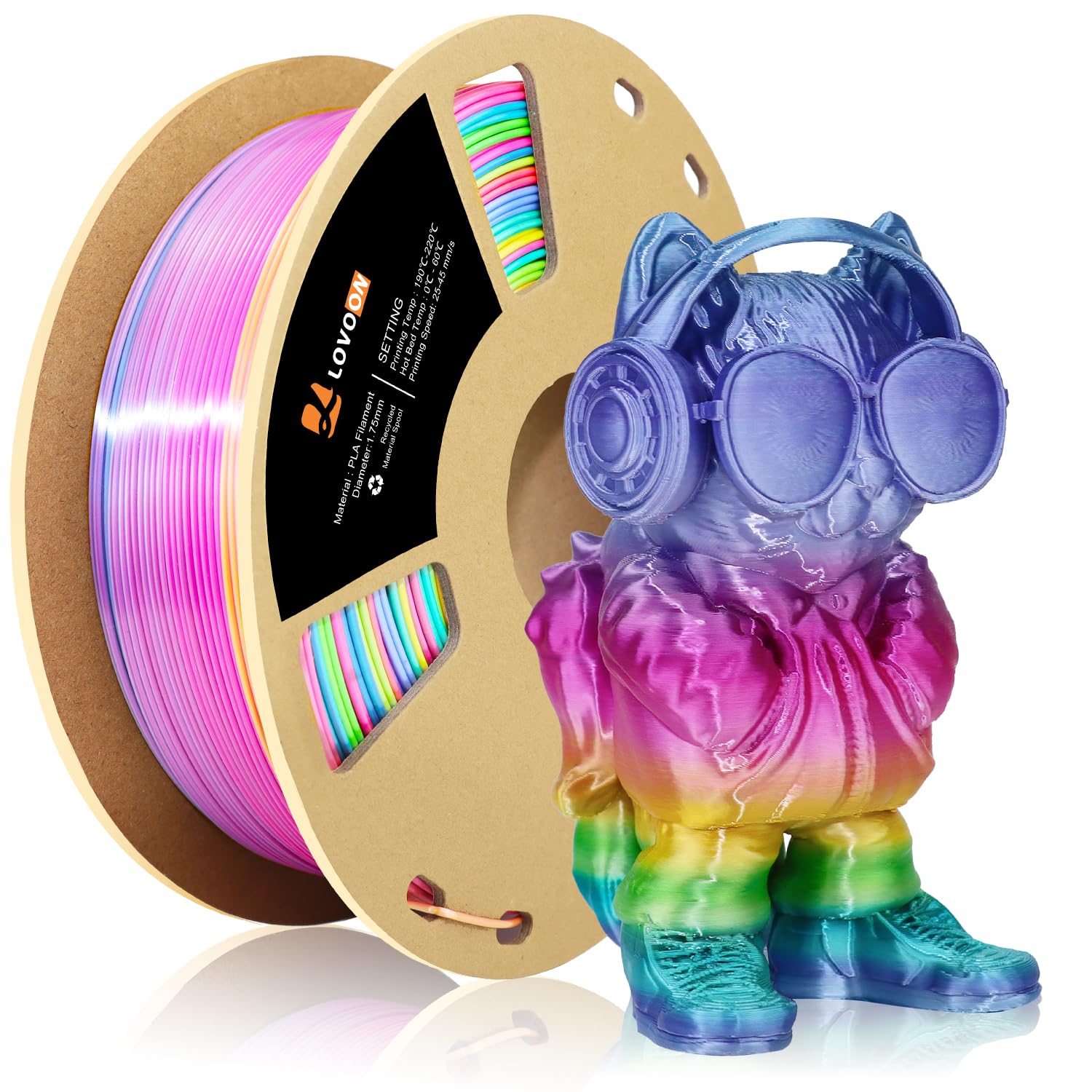 Lovoon Silk Pla 3D Printer Filament, Shiny Rainbow Pla Filament 1.75Mm, Color Change By Length Pla 3D Printing Filament, Multico