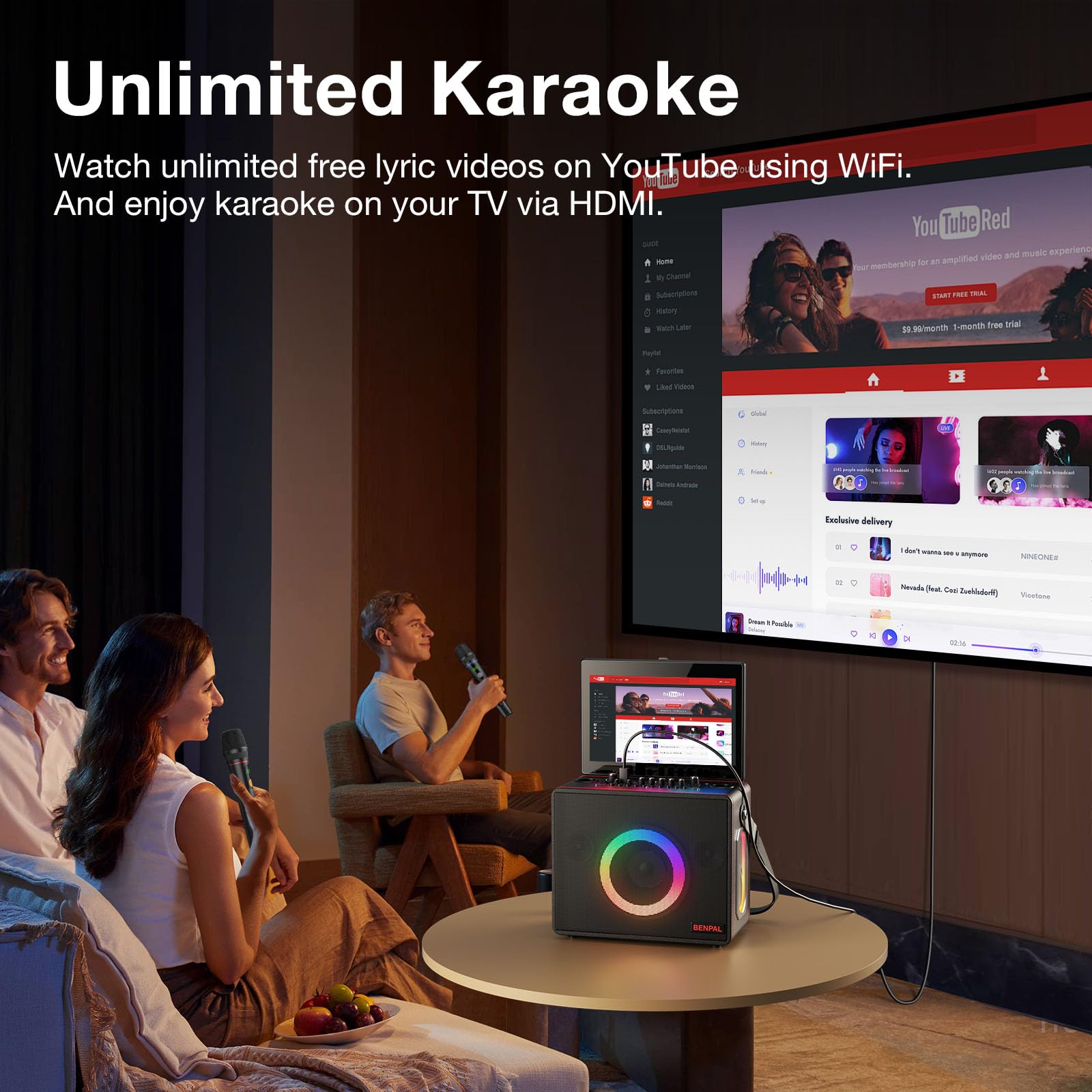 Smart Karaoke Machine With Lyrics Display, Built-In 14.0 Touch Screen, With Bluetooth Party Speaker And Two Wireless Mics, Porta