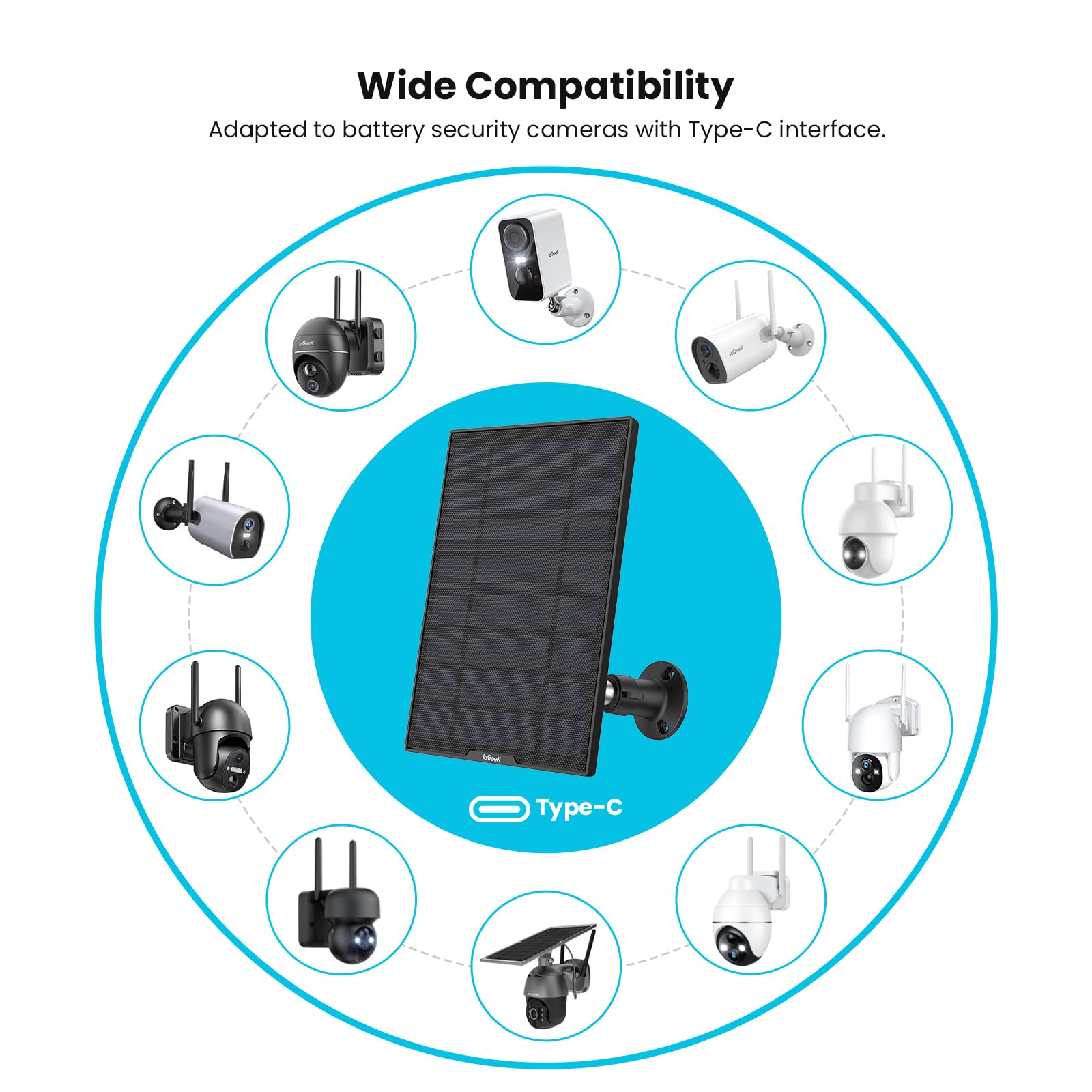 Iegeek Solar Panel For Wireless Outdoor Security Camera, Compatible With Dc 5V Rechargeable Battery Powered Surveillance Cam,5V 1A 3W Type C Port, 9.5Ft Cable, Adjustable Mounting Bracket(No Camera)