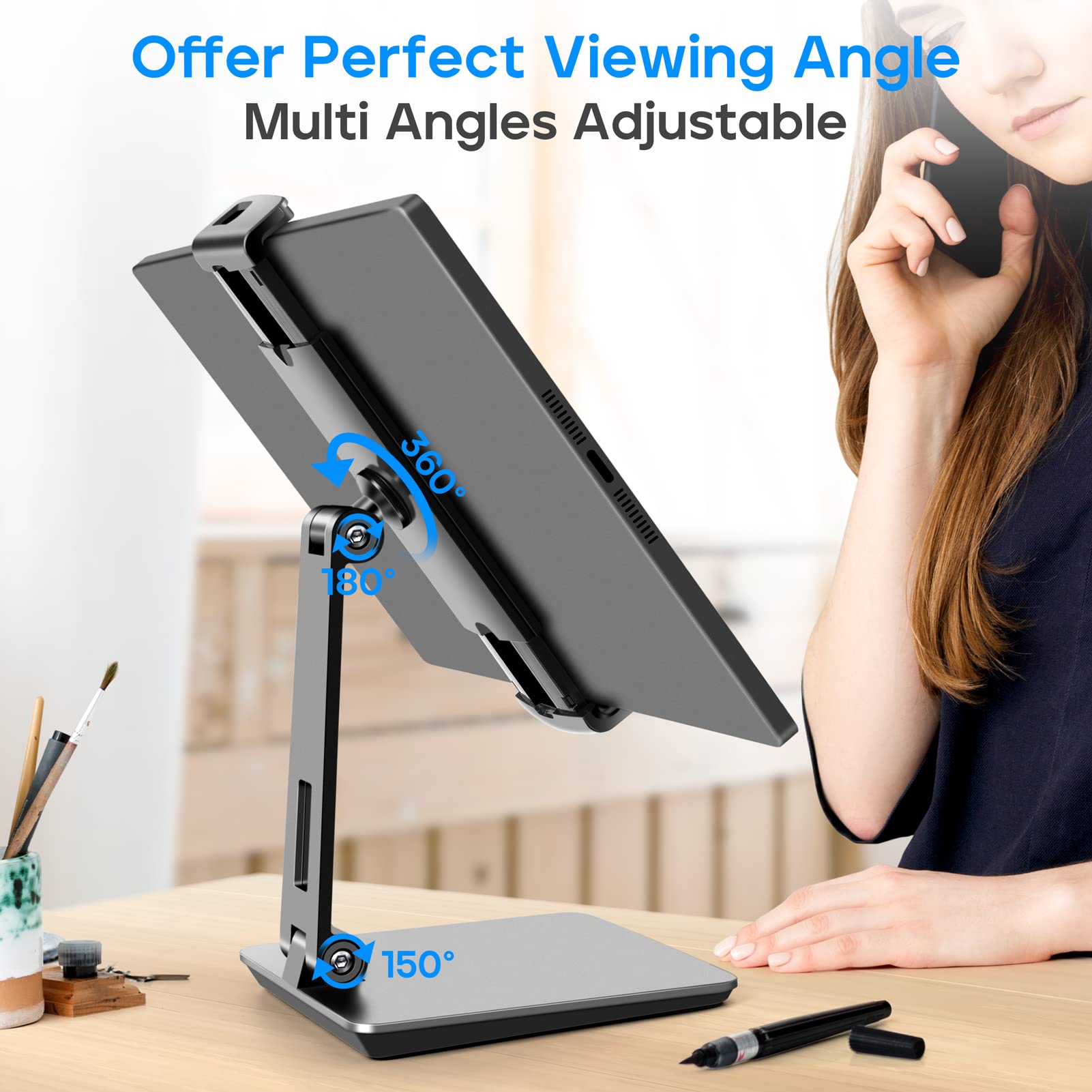 Roadom Tablet Stand, Adjustable 360 Swivel Bracket, 180 Tiltable Clamp,Foldable Tablet Holder For 4.7 17.3'' Iphone/Ipad/Tablet/