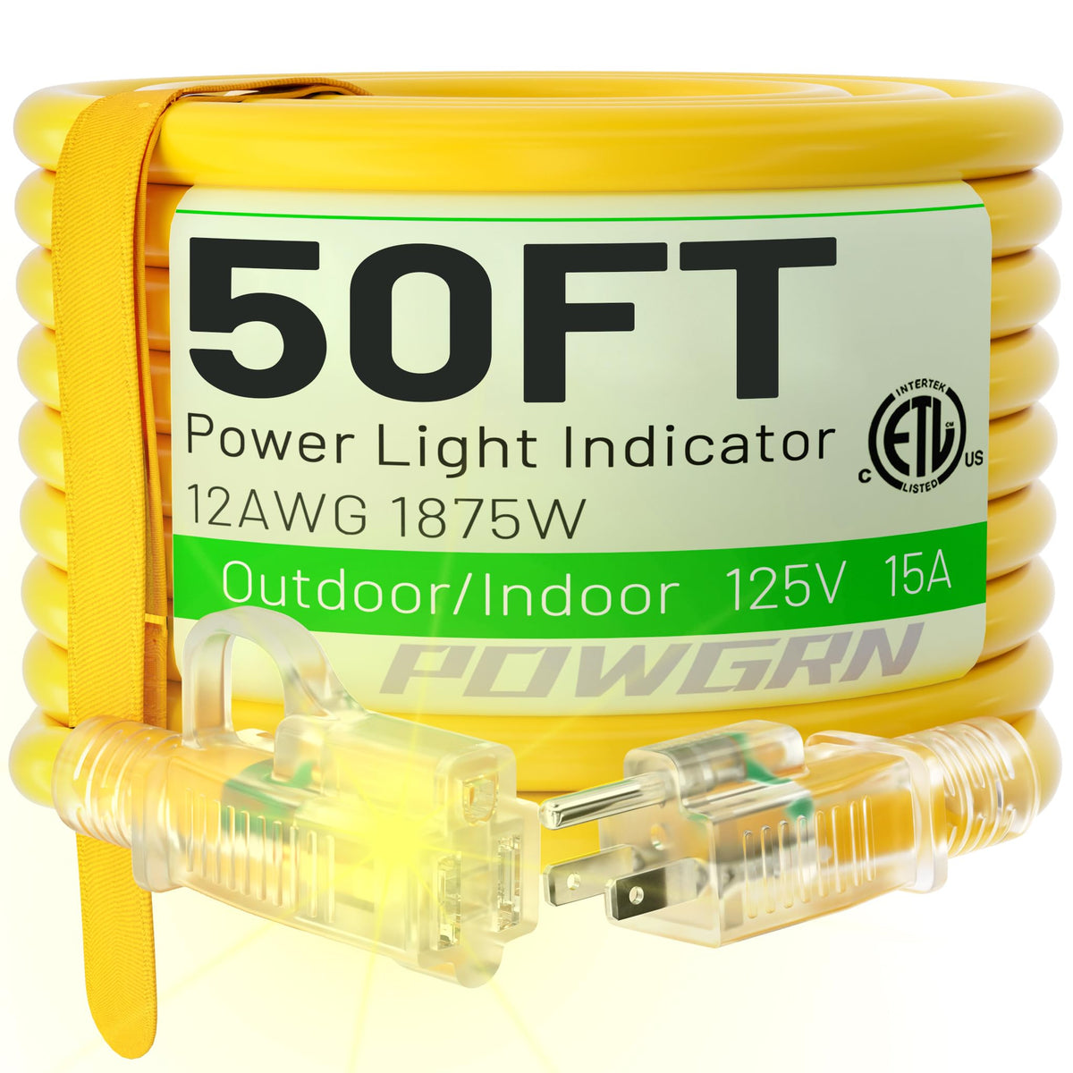 50 Ft 12/3 Outdoor Extension Cord Waterproof Heavy Duty With Lighted Indicator End 12 Gauge 3 Prong, Flexible Cold Resistant Lon
