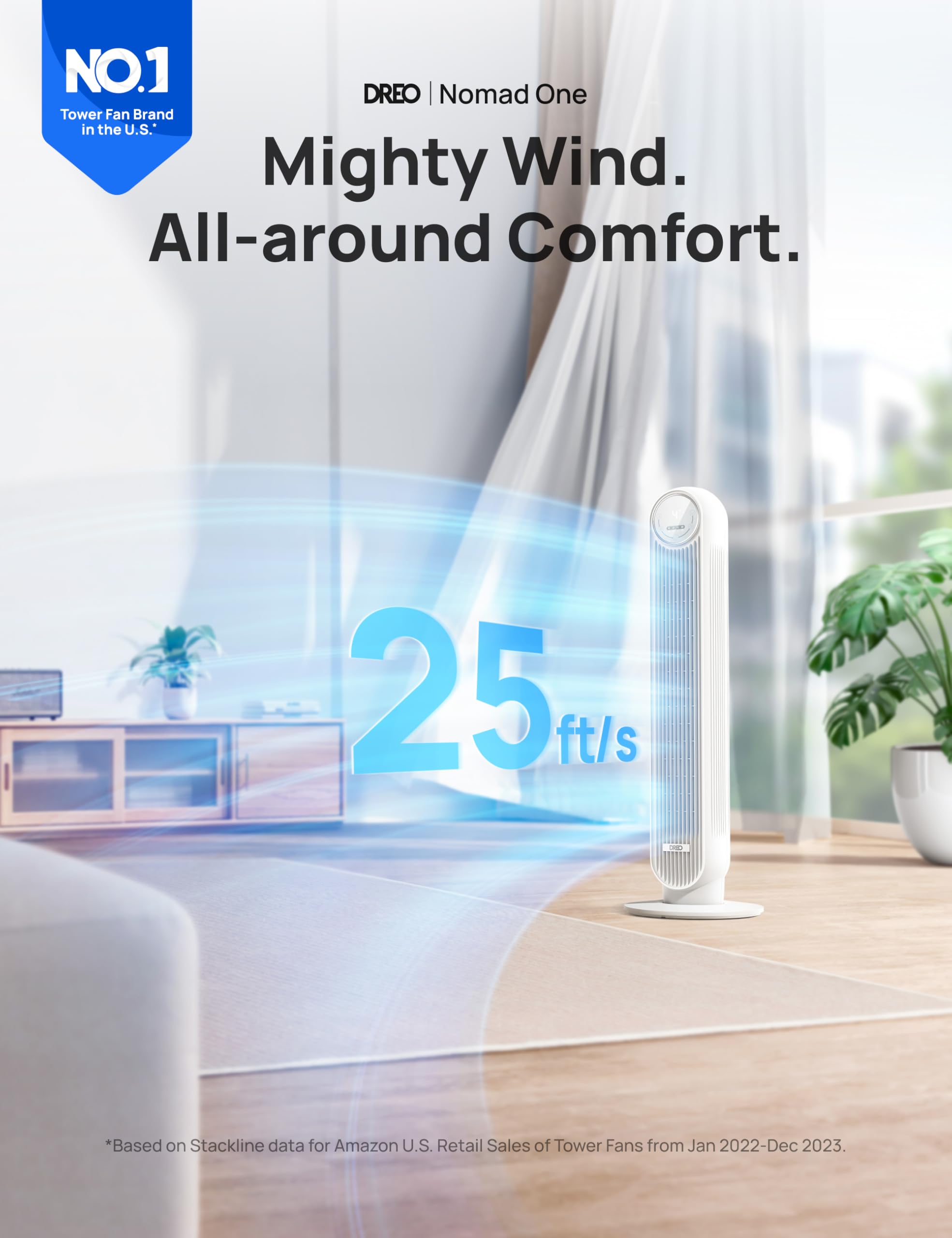 Dreo Tower Fan For Bedroom, 25Ft/S Velocity Quiet Floor Fan, 90 Oscillating Fans For Indoors With 4 Speeds, 4 Modes, 8H Timer, S