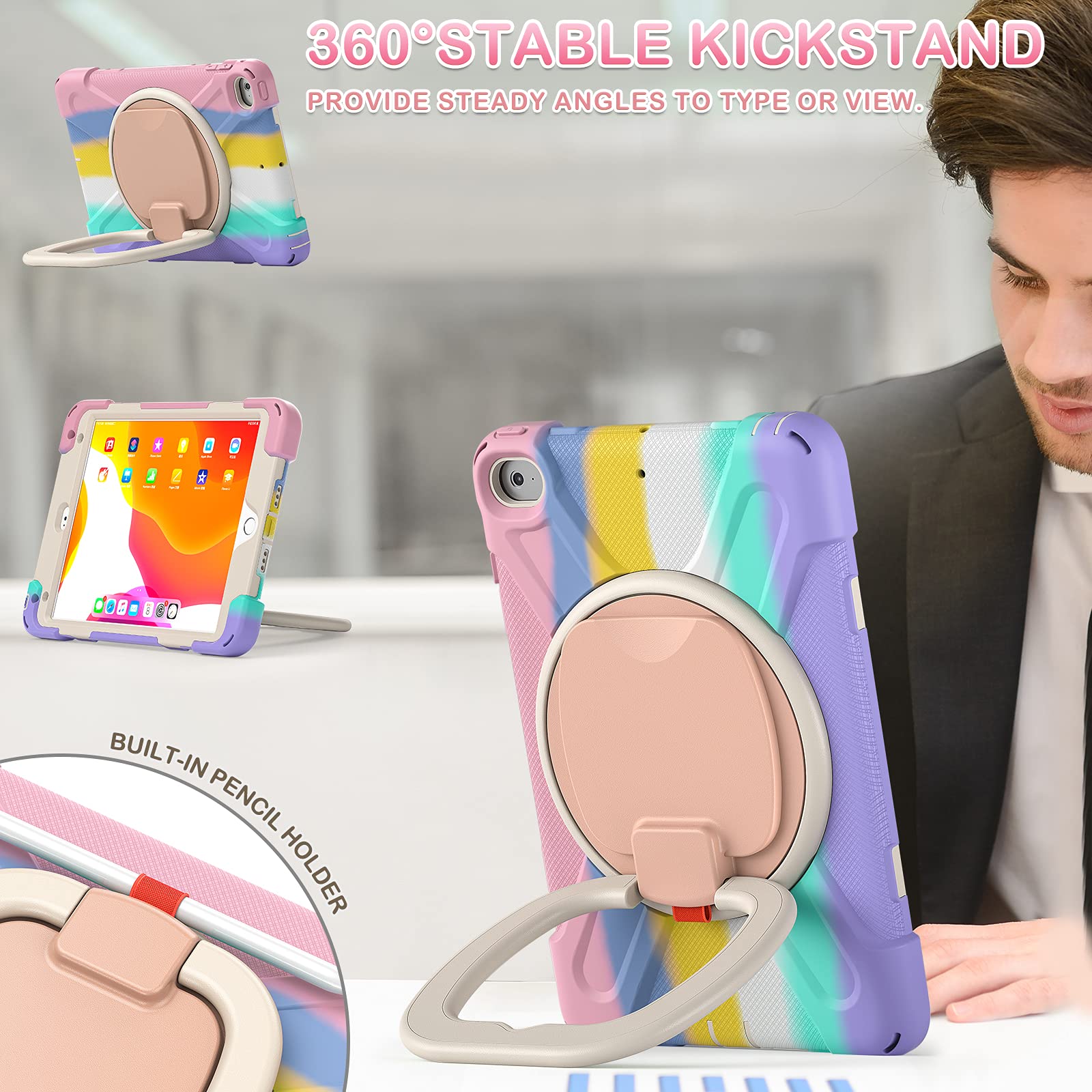 Batyue Ipad Mini 5 Case   Ipad Mini 4 Case; Heavy Shockproof Drop Case With Pencil Holder/ 360 Swivel Stand/Shoulder Strap; Cove