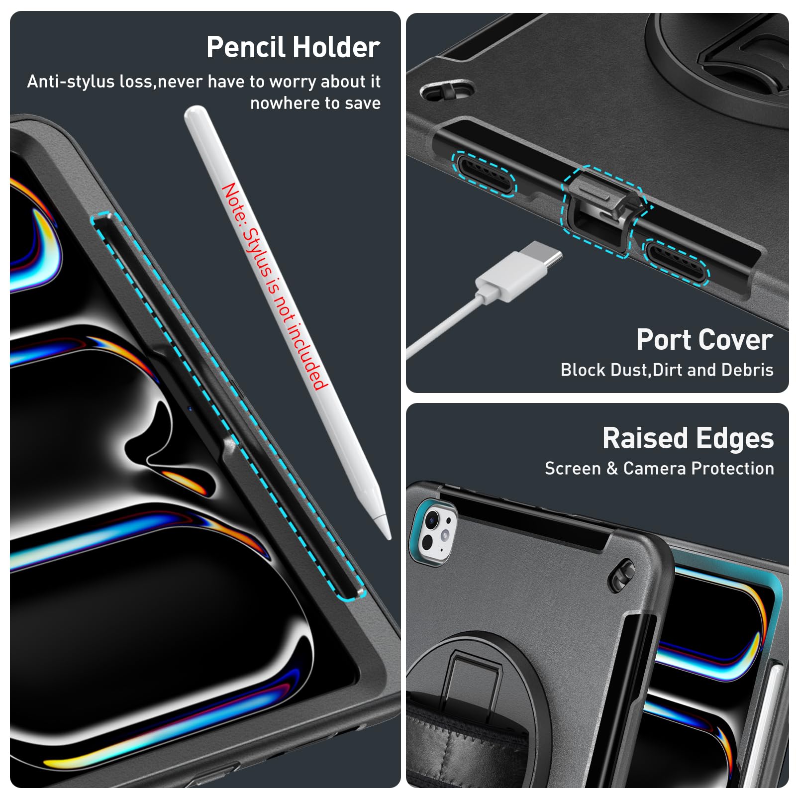 Supfives Case For Ipad Pro 11 Inch 2024 (5Th Gen), With Screen Protector/Shoulder Strap/Pencil Holder/Handle/Rotating Stand, Bla